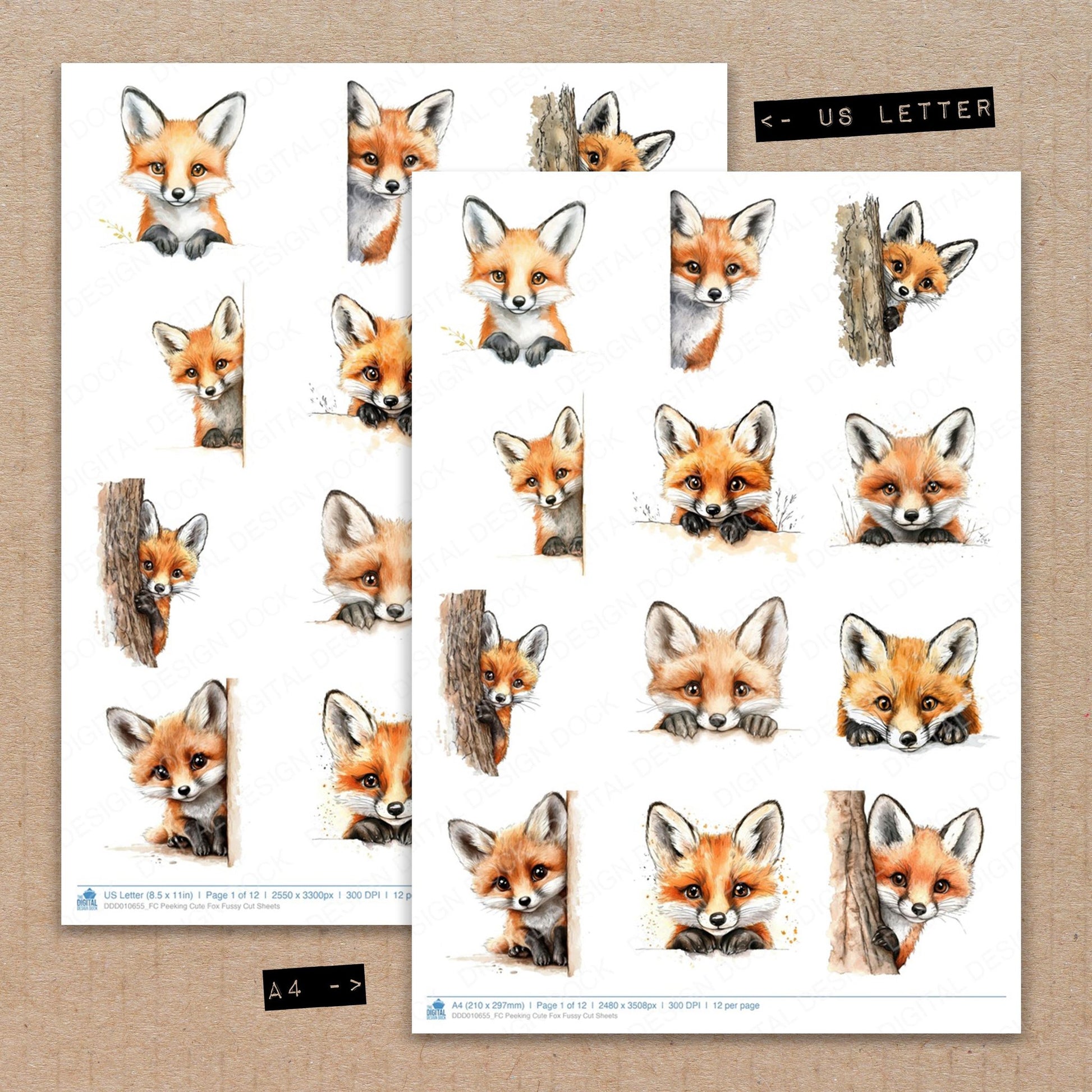 A4 and US Letter format comparison showing Peeking Cute Fox fussy cut pages for print and cut crafting