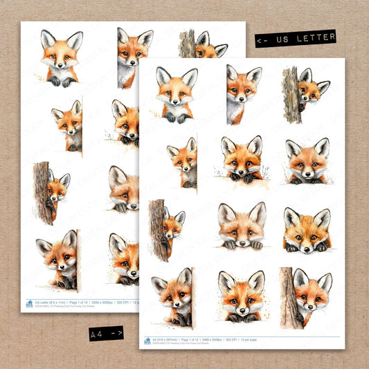 A4 and US Letter format comparison showing Peeking Cute Fox fussy cut pages for print and cut crafting