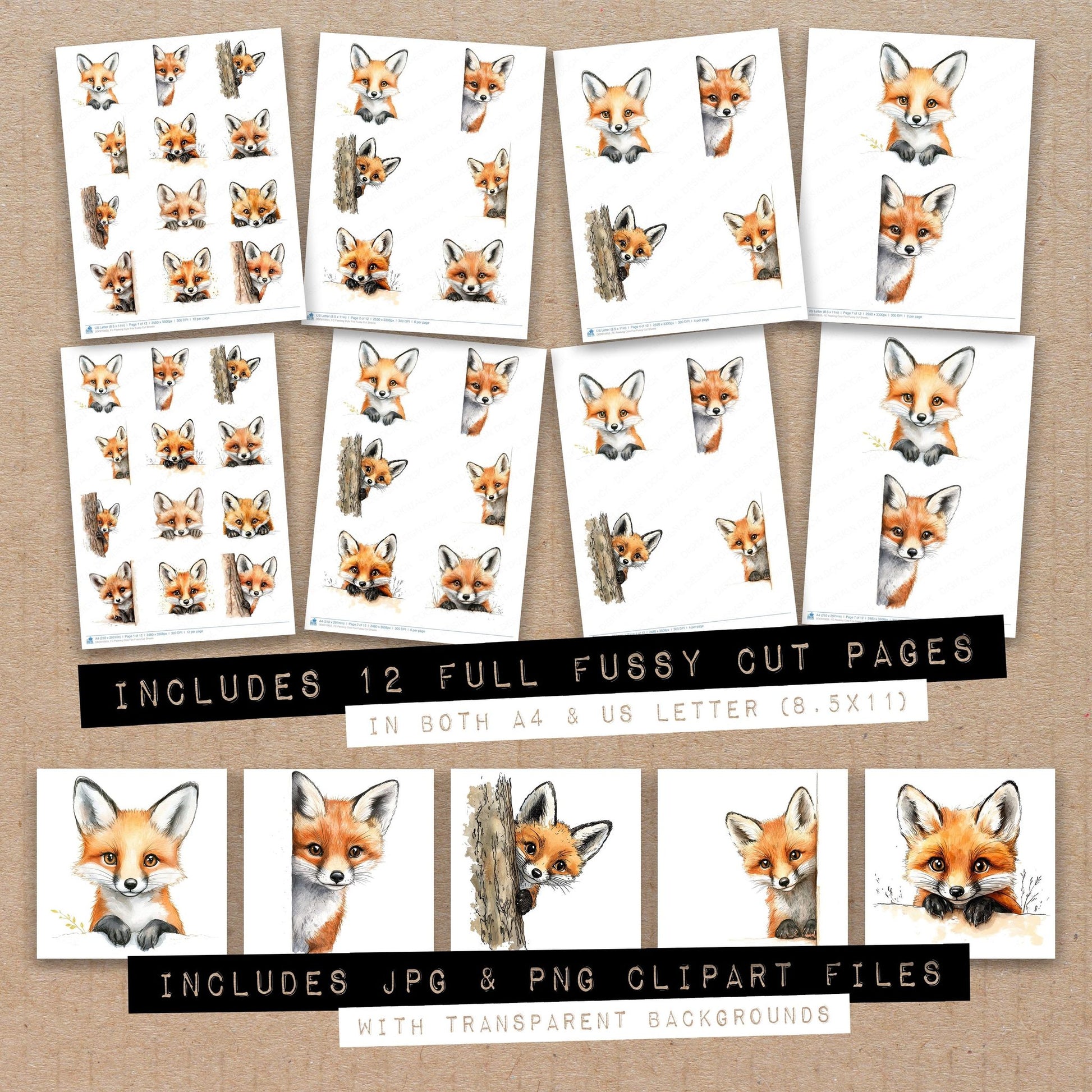 Full collection view of Peeking Cute Fox fussy cut sheets with bonus clipart JPG and PNG files