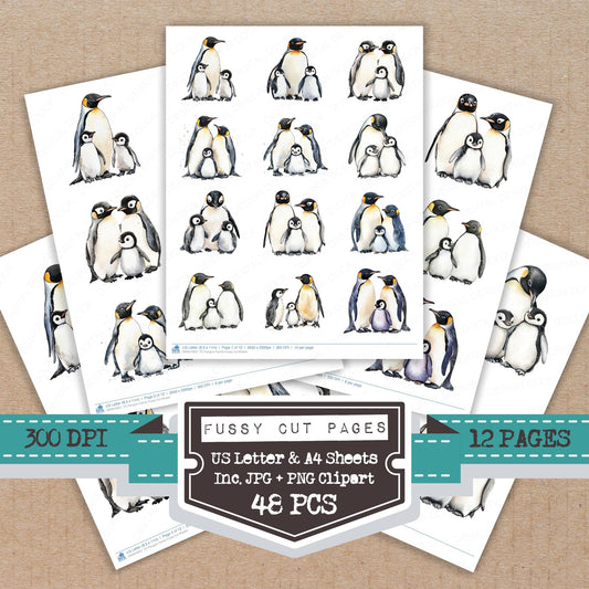 Penguin Family fussy cut printable sheets for junk journaling, scrapbooking, and paper craft projects