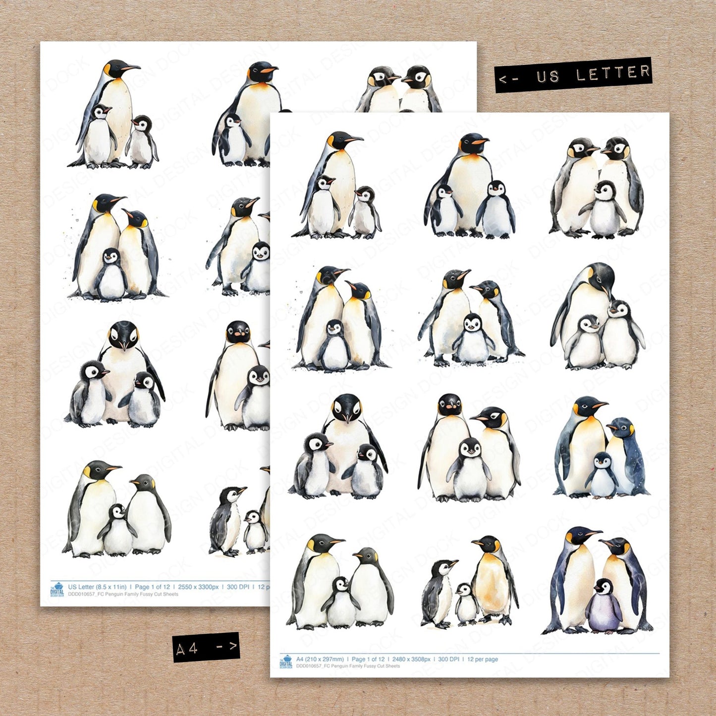 A4 and US Letter format comparison showing Penguin Family fussy cut pages for print and cut crafting