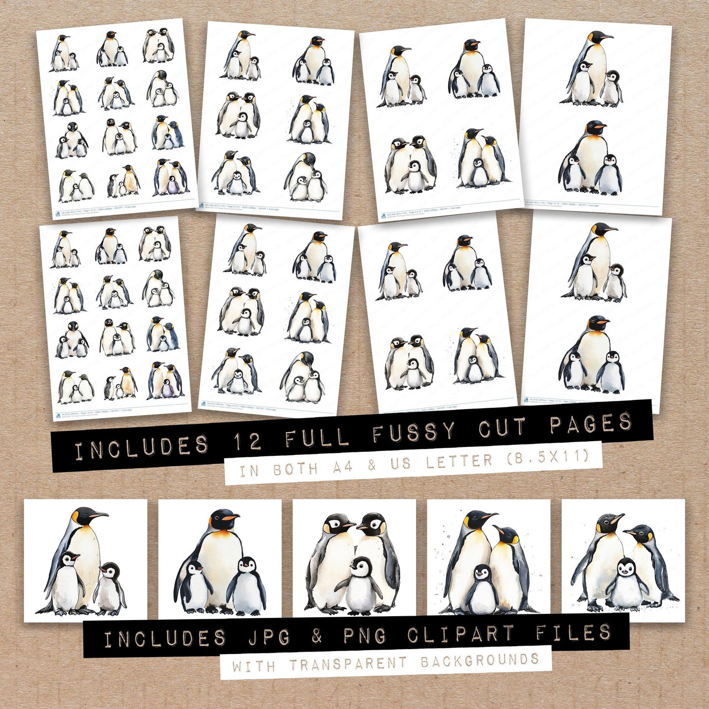 Full collection view of Penguin Family fussy cut sheets with bonus clipart JPG and PNG files