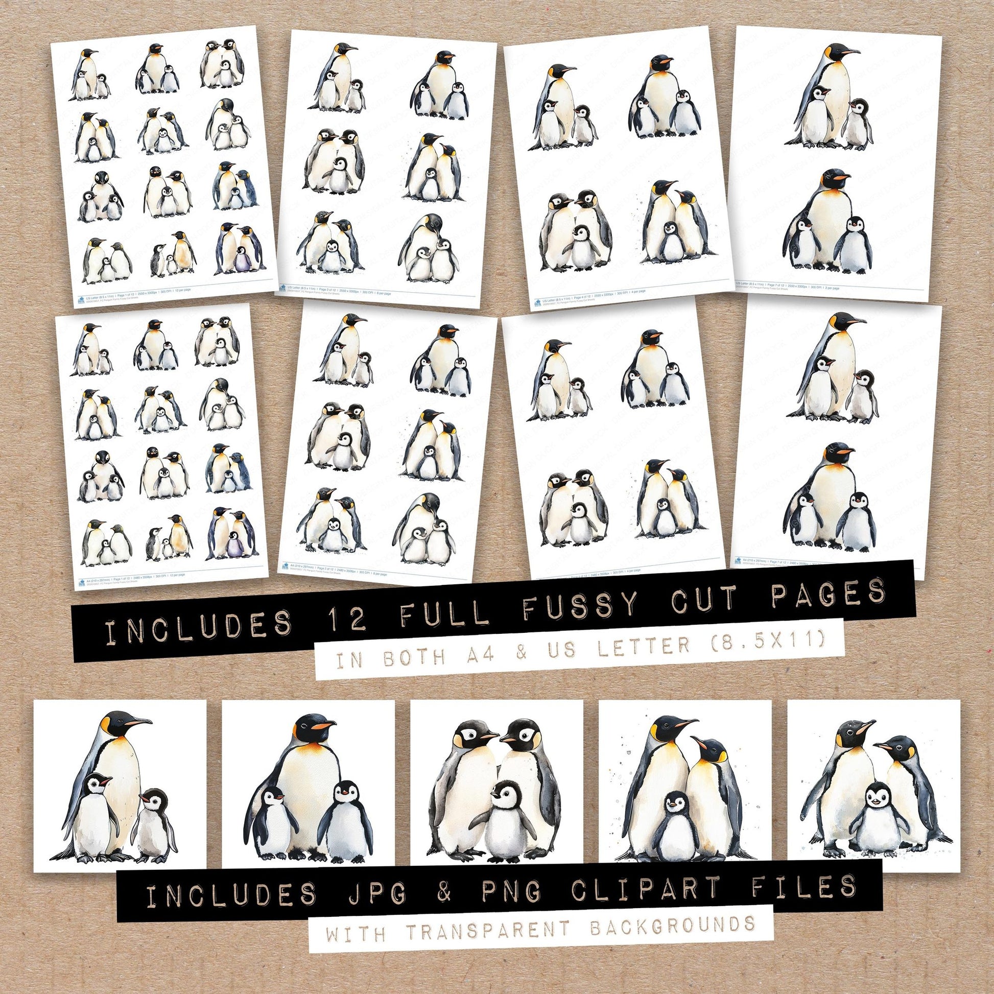 Full collection view of Penguin Family fussy cut sheets with bonus clipart JPG and PNG files