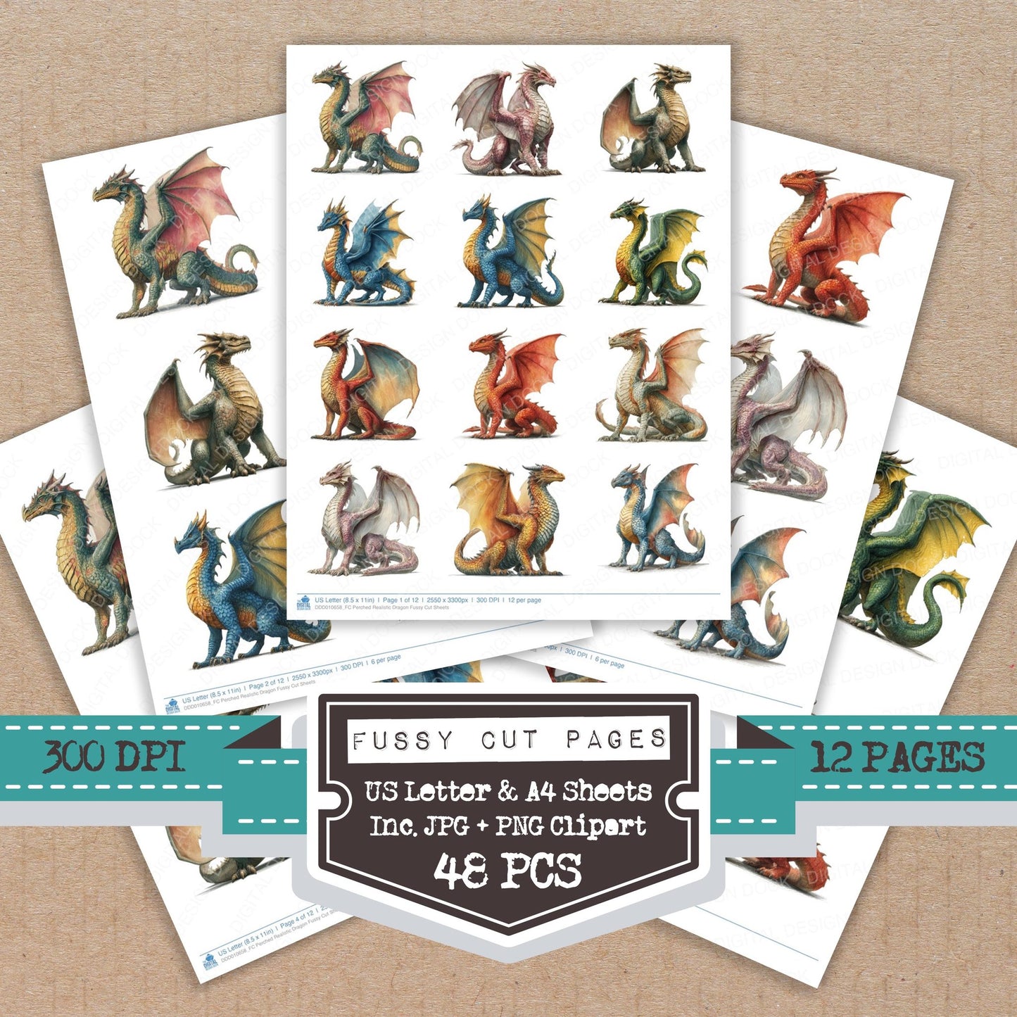 Perched Realistic Dragon fussy cut printable sheets for junk journaling, scrapbooking, and paper craft projects