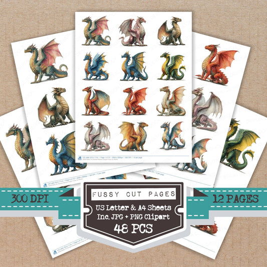 Perched Realistic Dragon fussy cut printable sheets for junk journaling, scrapbooking, and paper craft projects