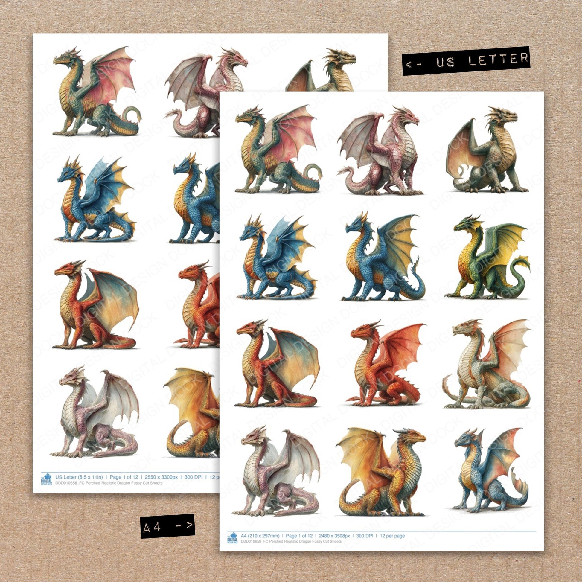 A4 and US Letter format comparison showing Perched Realistic Dragon fussy cut pages for print and cut crafting