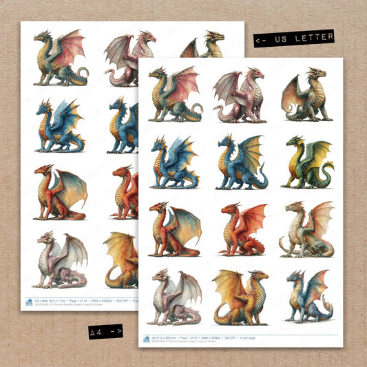 A4 and US Letter format comparison showing Perched Realistic Dragon fussy cut pages for print and cut crafting