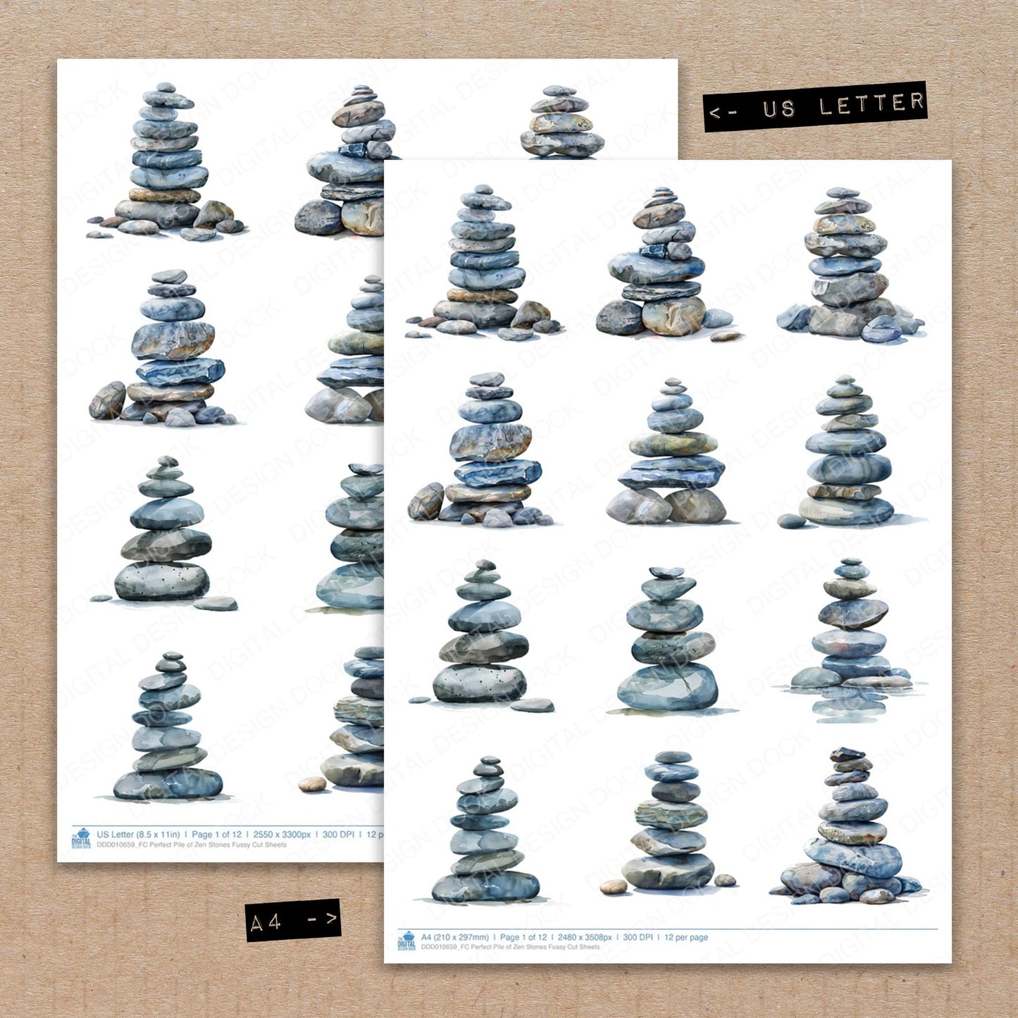 A4 and US Letter format comparison showing Perfect Pile of Zen Stones fussy cut pages for print and cut crafting