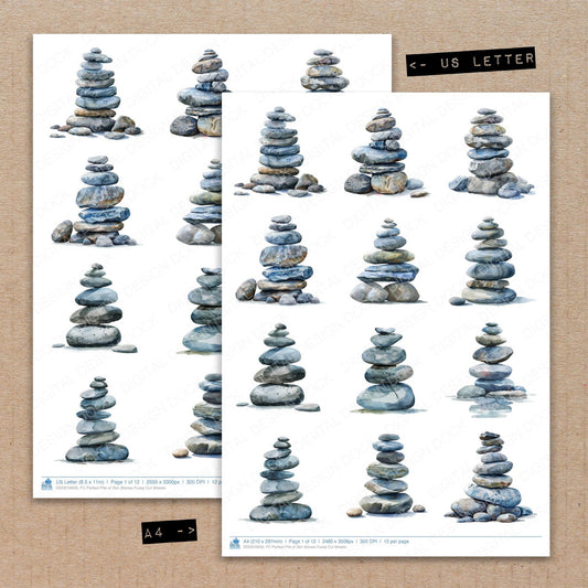 A4 and US Letter format comparison showing Perfect Pile of Zen Stones fussy cut pages for print and cut crafting