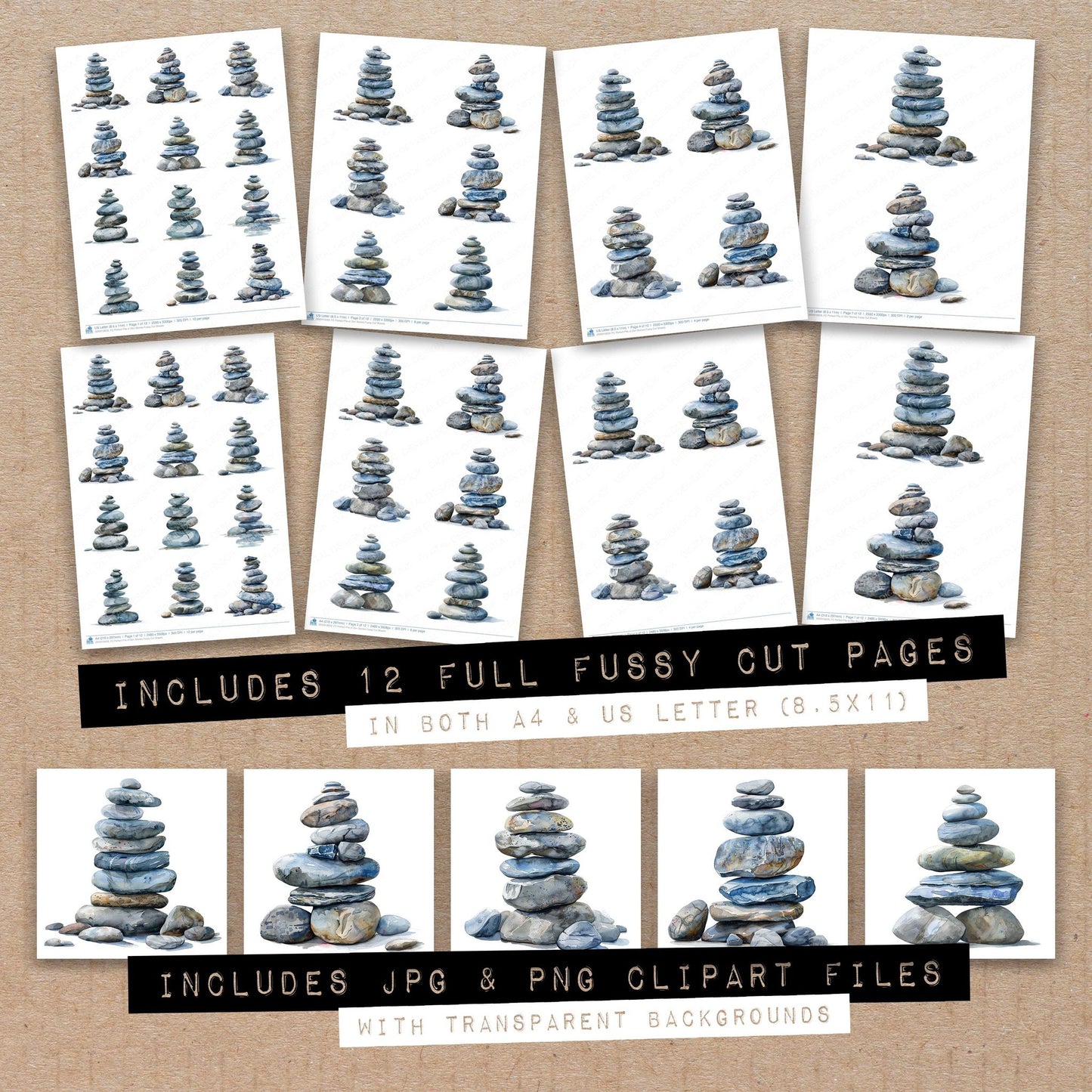 Full collection view of Perfect Pile of Zen Stones fussy cut sheets with bonus clipart JPG and PNG files