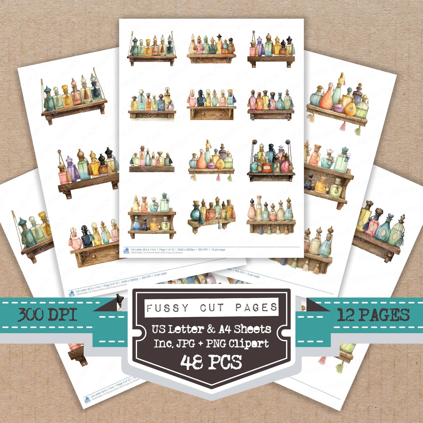 Perfume Bottle Shelf fussy cut printable sheets for junk journaling, scrapbooking, and paper craft projects