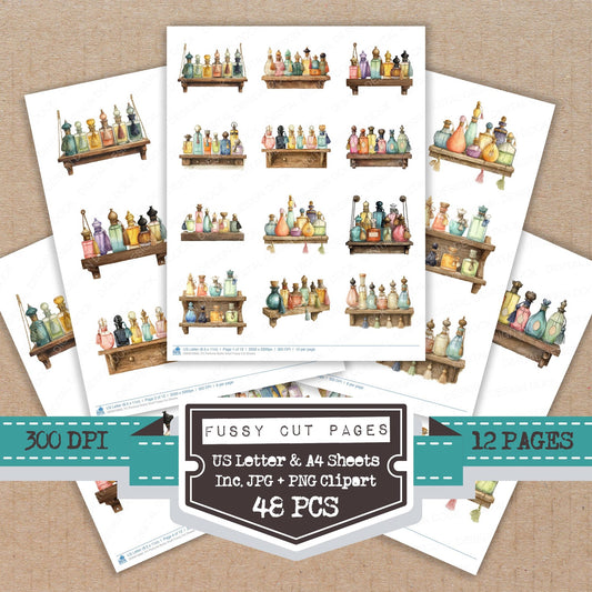 Perfume Bottle Shelf fussy cut printable sheets for junk journaling, scrapbooking, and paper craft projects