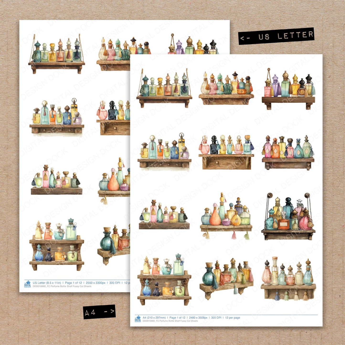 A4 and US Letter format comparison showing Perfume Bottle Shelf fussy cut pages for print and cut crafting