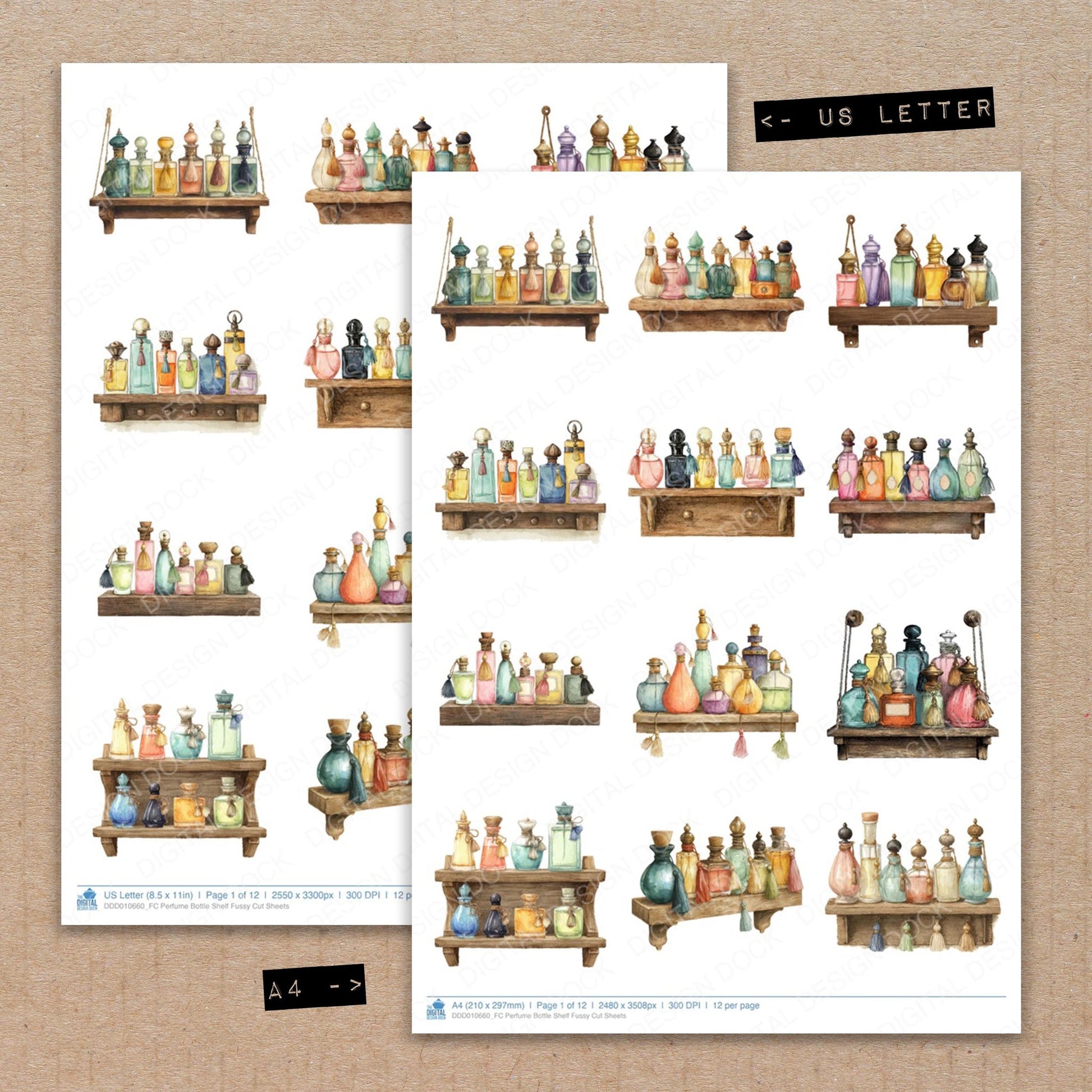 A4 and US Letter format comparison showing Perfume Bottle Shelf fussy cut pages for print and cut crafting