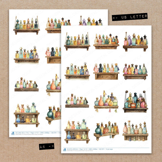 A4 and US Letter format comparison showing Perfume Bottle Shelf fussy cut pages for print and cut crafting