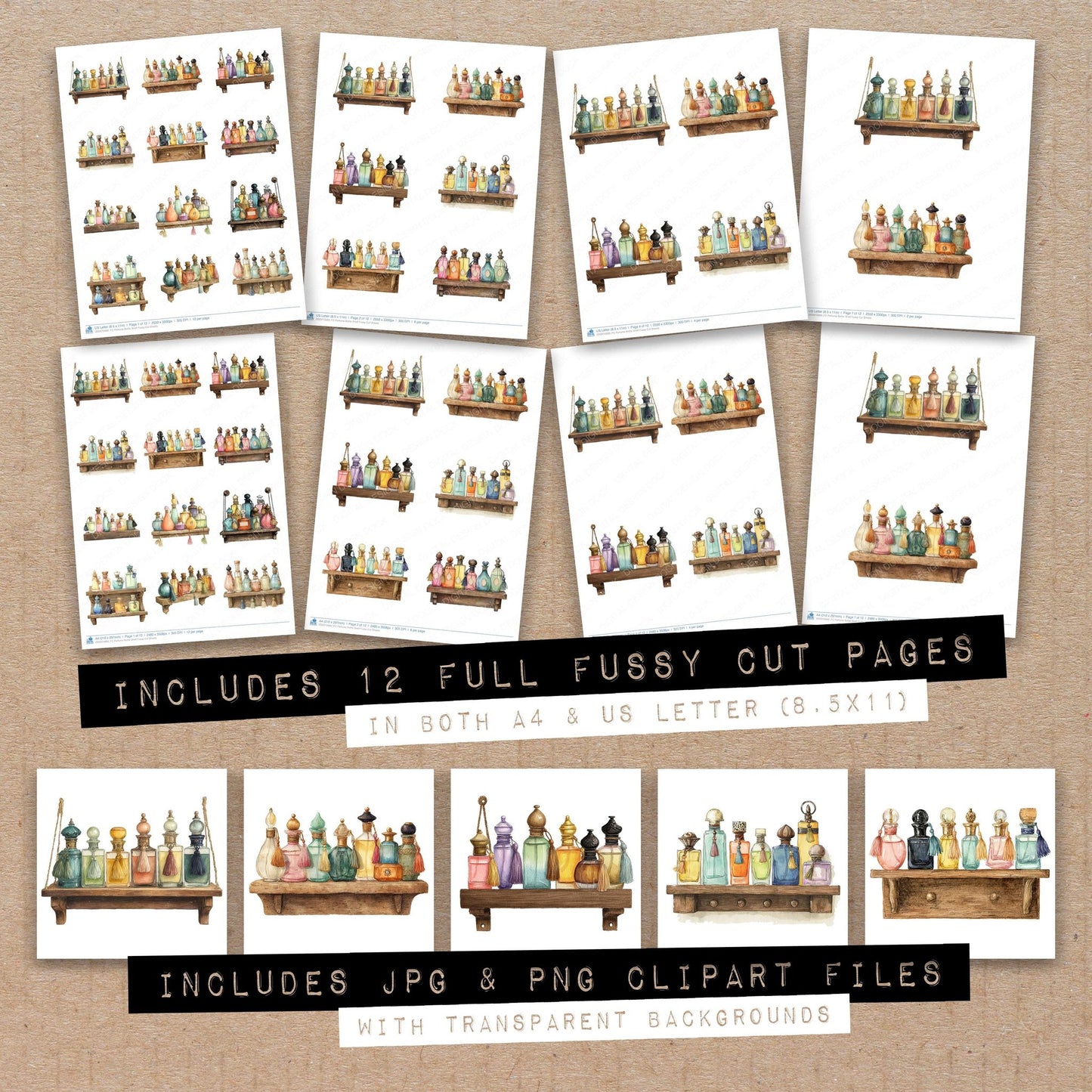 Full collection view of Perfume Bottle Shelf fussy cut sheets with bonus clipart JPG and PNG files