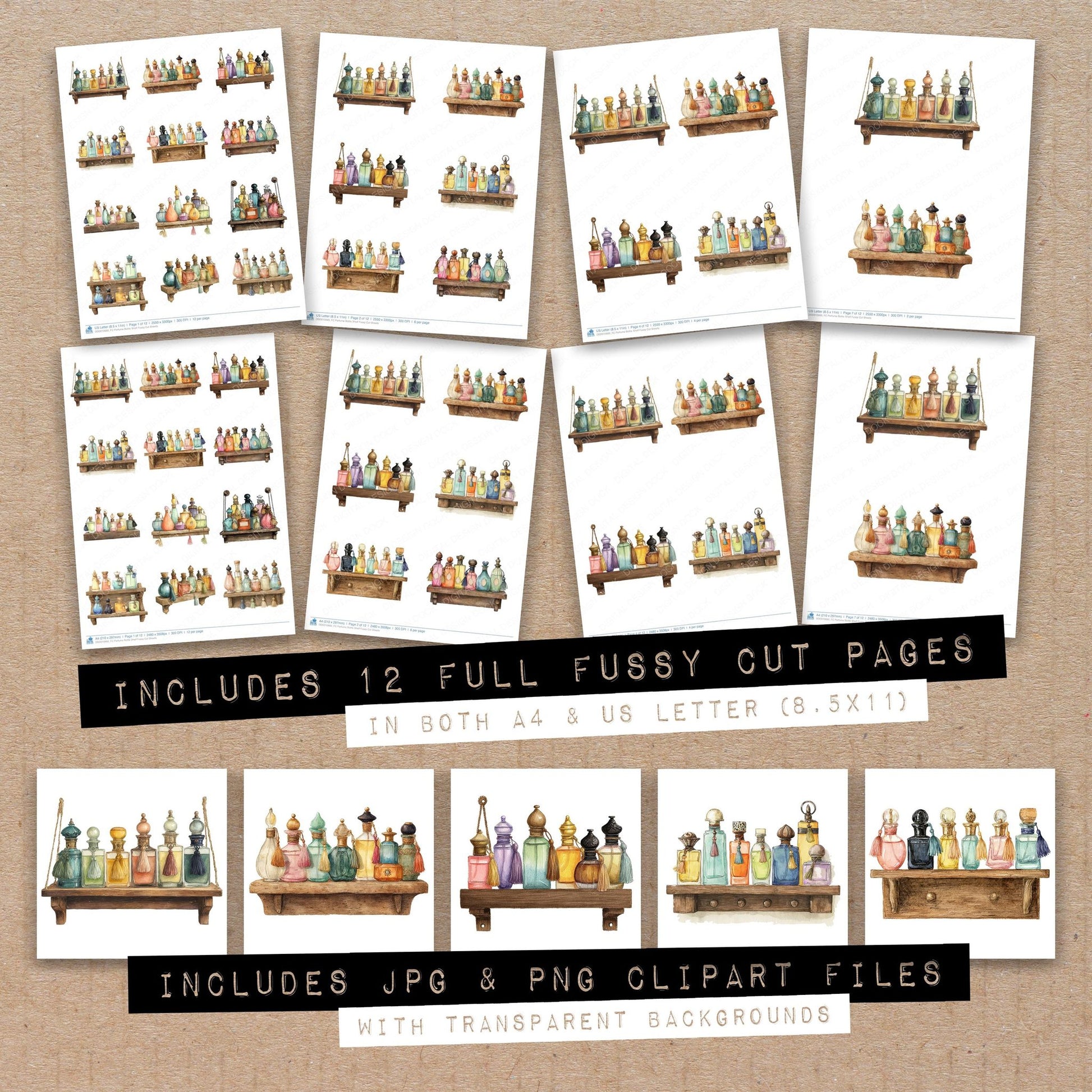 Full collection view of Perfume Bottle Shelf fussy cut sheets with bonus clipart JPG and PNG files