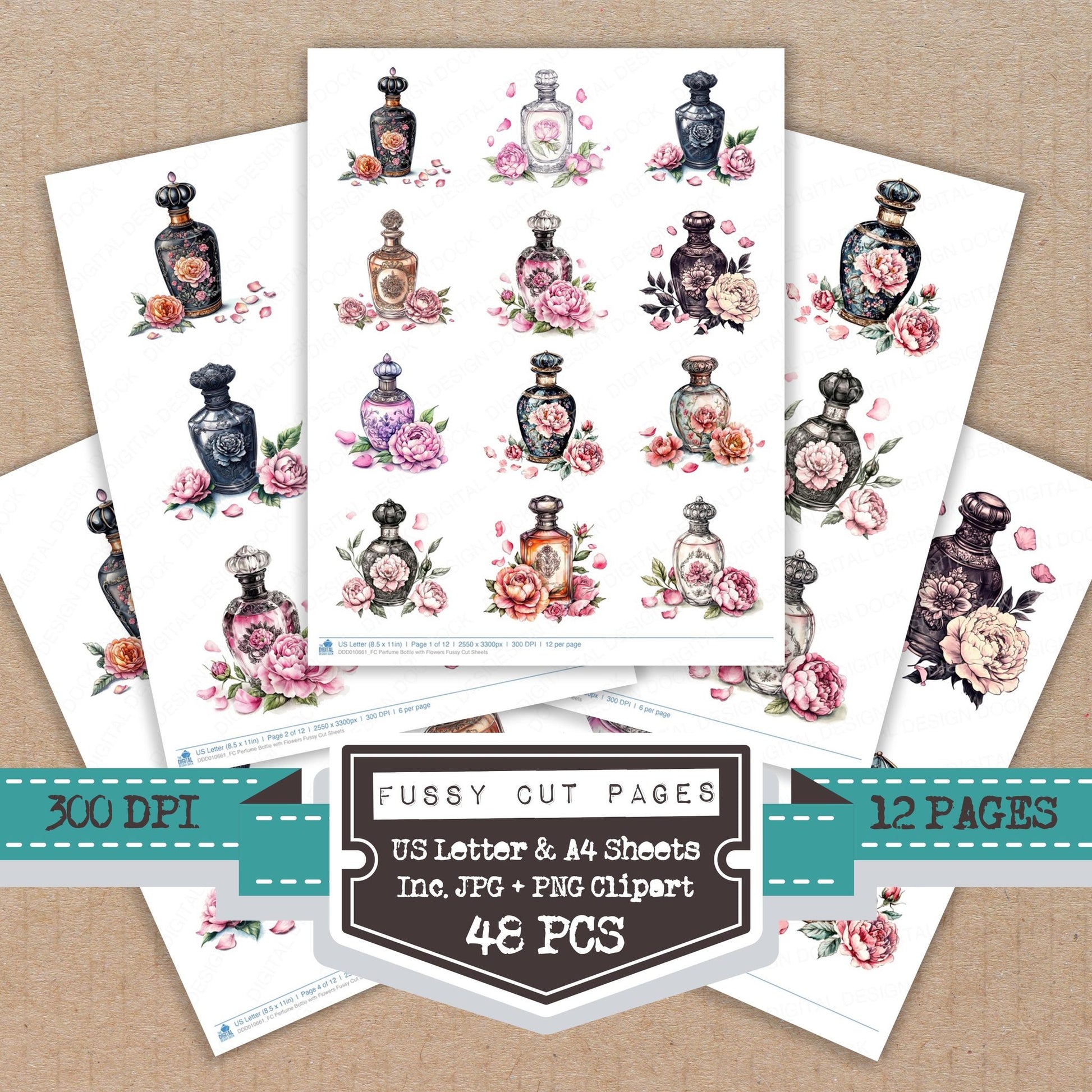 Perfume Bottle with Flowers fussy cut printable sheets for junk journaling, scrapbooking, and paper craft projects