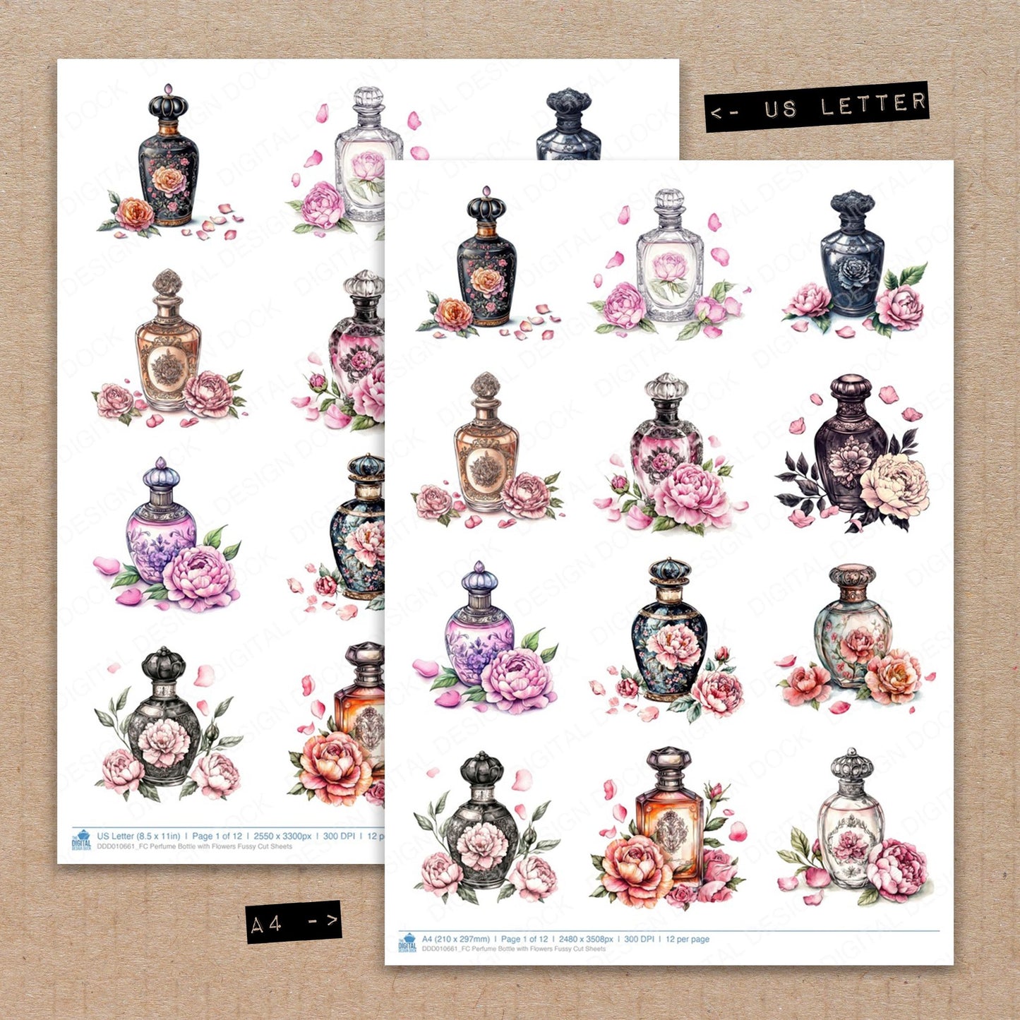 A4 and US Letter format comparison showing Perfume Bottle with Flowers fussy cut pages for print and cut crafting