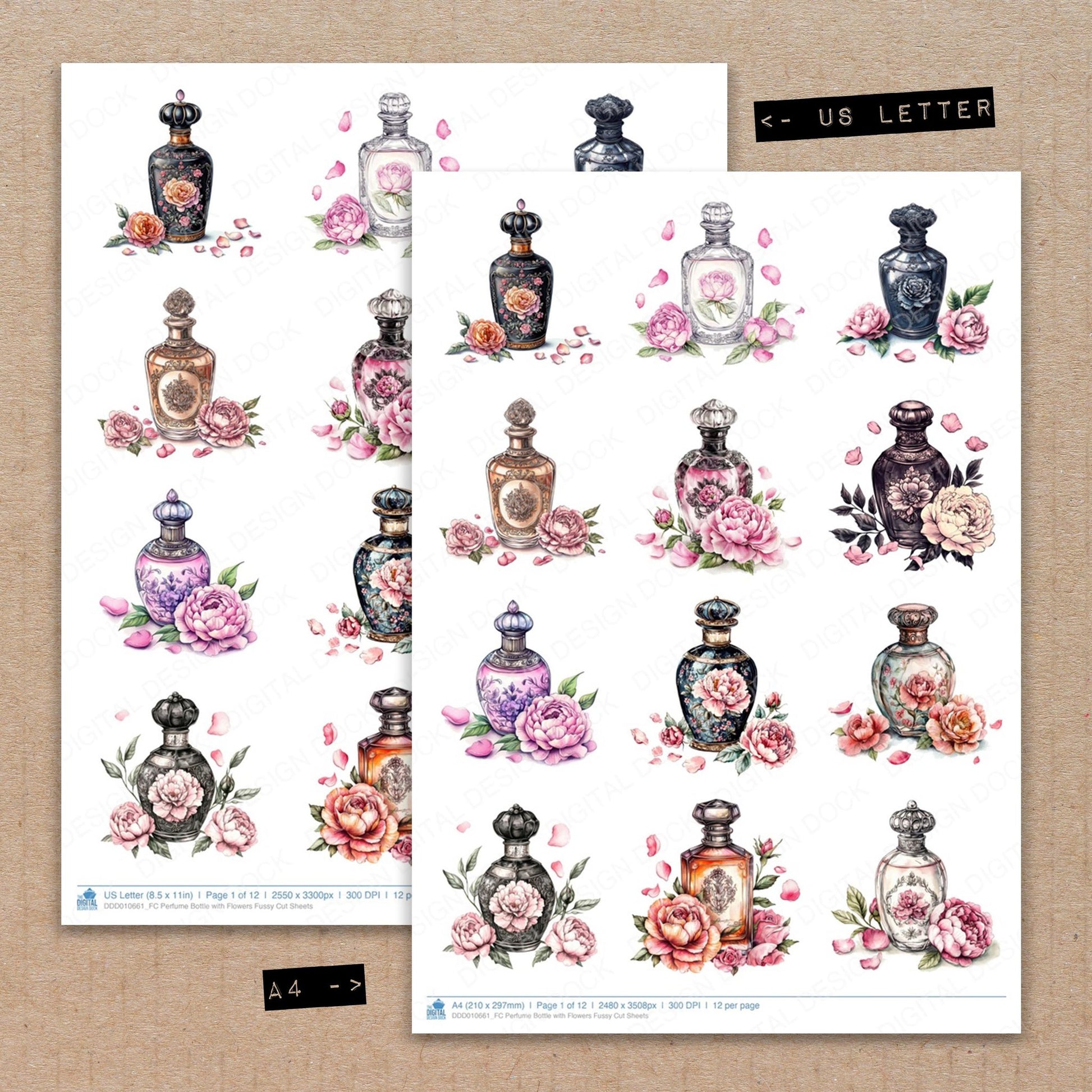 A4 and US Letter format comparison showing Perfume Bottle with Flowers fussy cut pages for print and cut crafting