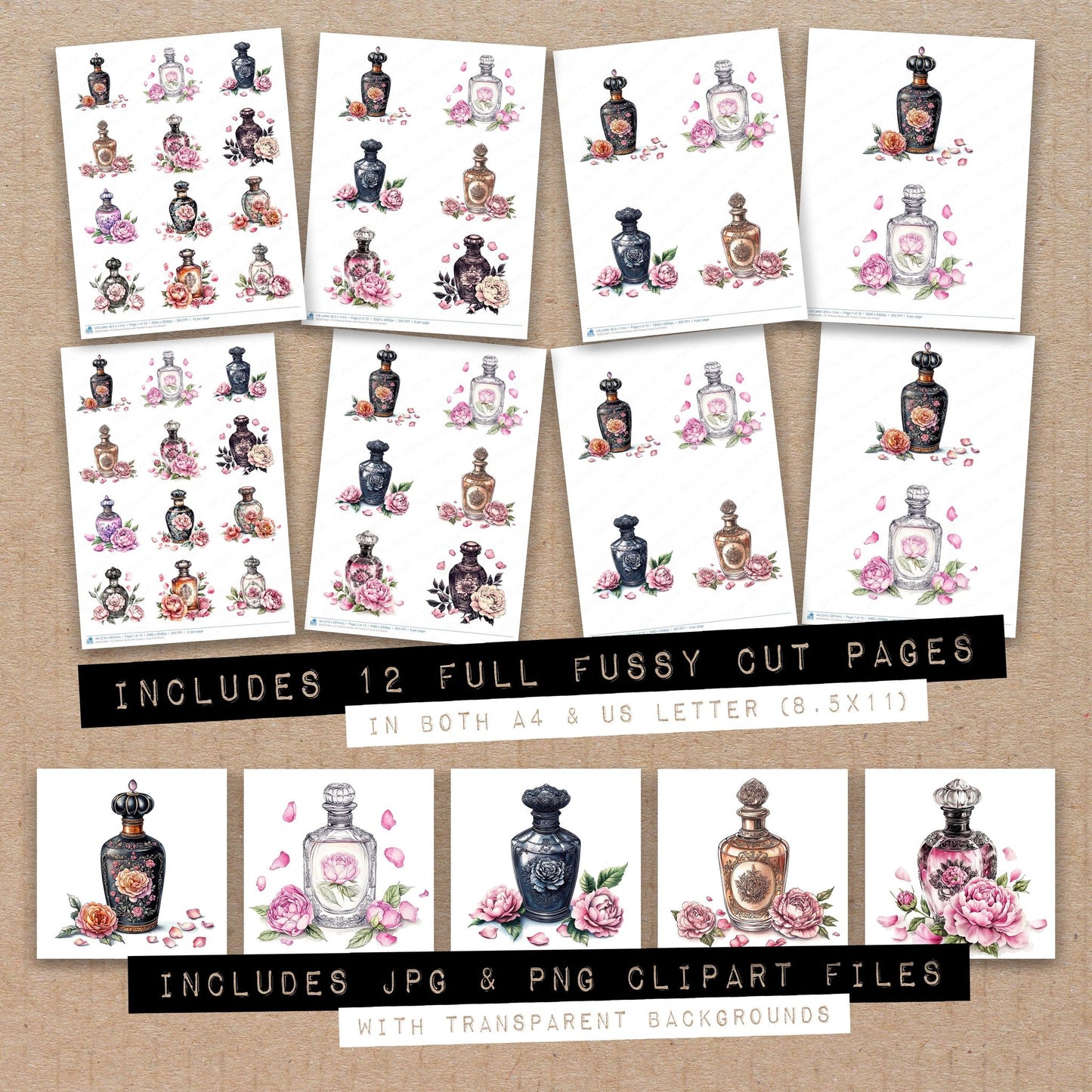 Full collection view of Perfume Bottle with Flowers fussy cut sheets with bonus clipart JPG and PNG files