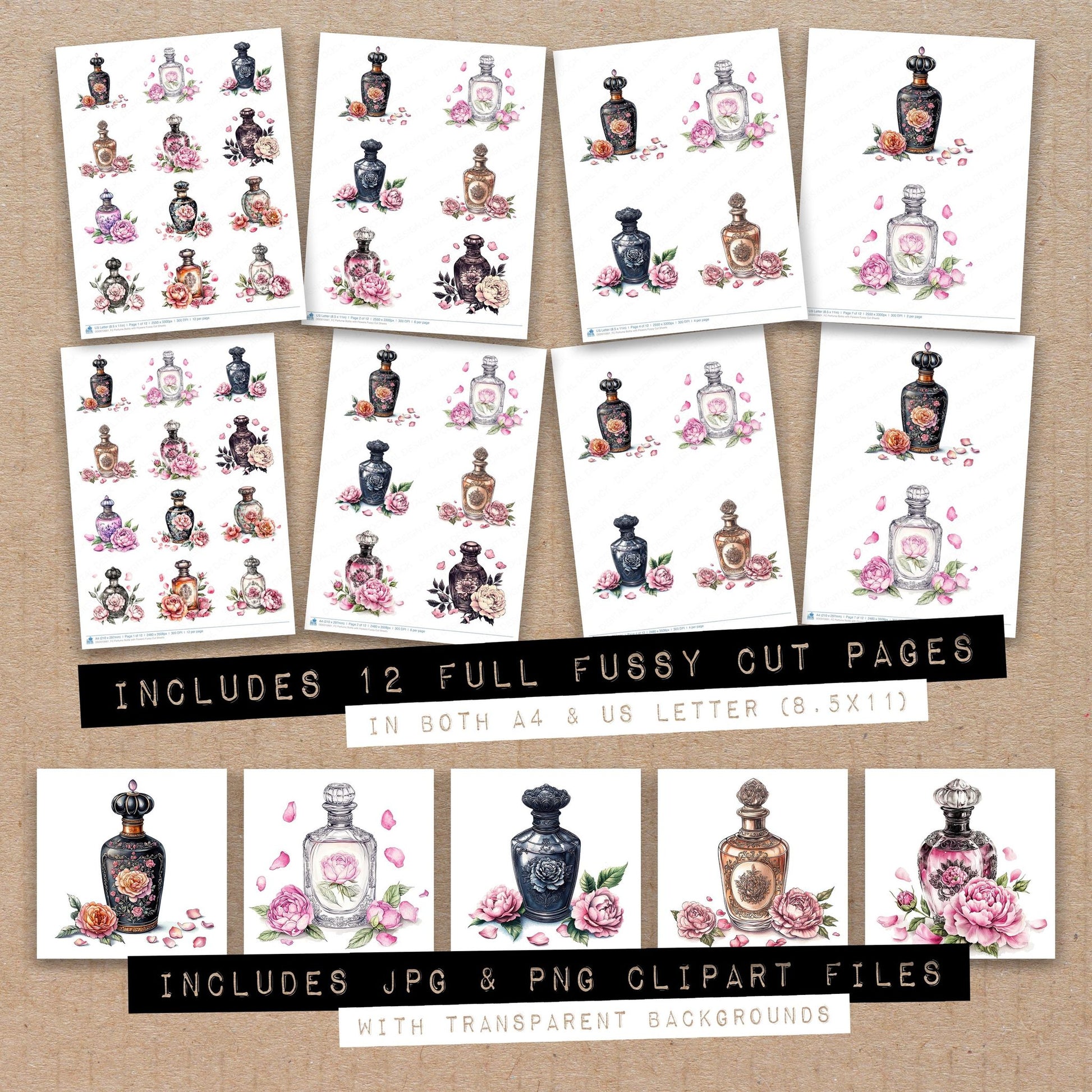 Full collection view of Perfume Bottle with Flowers fussy cut sheets with bonus clipart JPG and PNG files