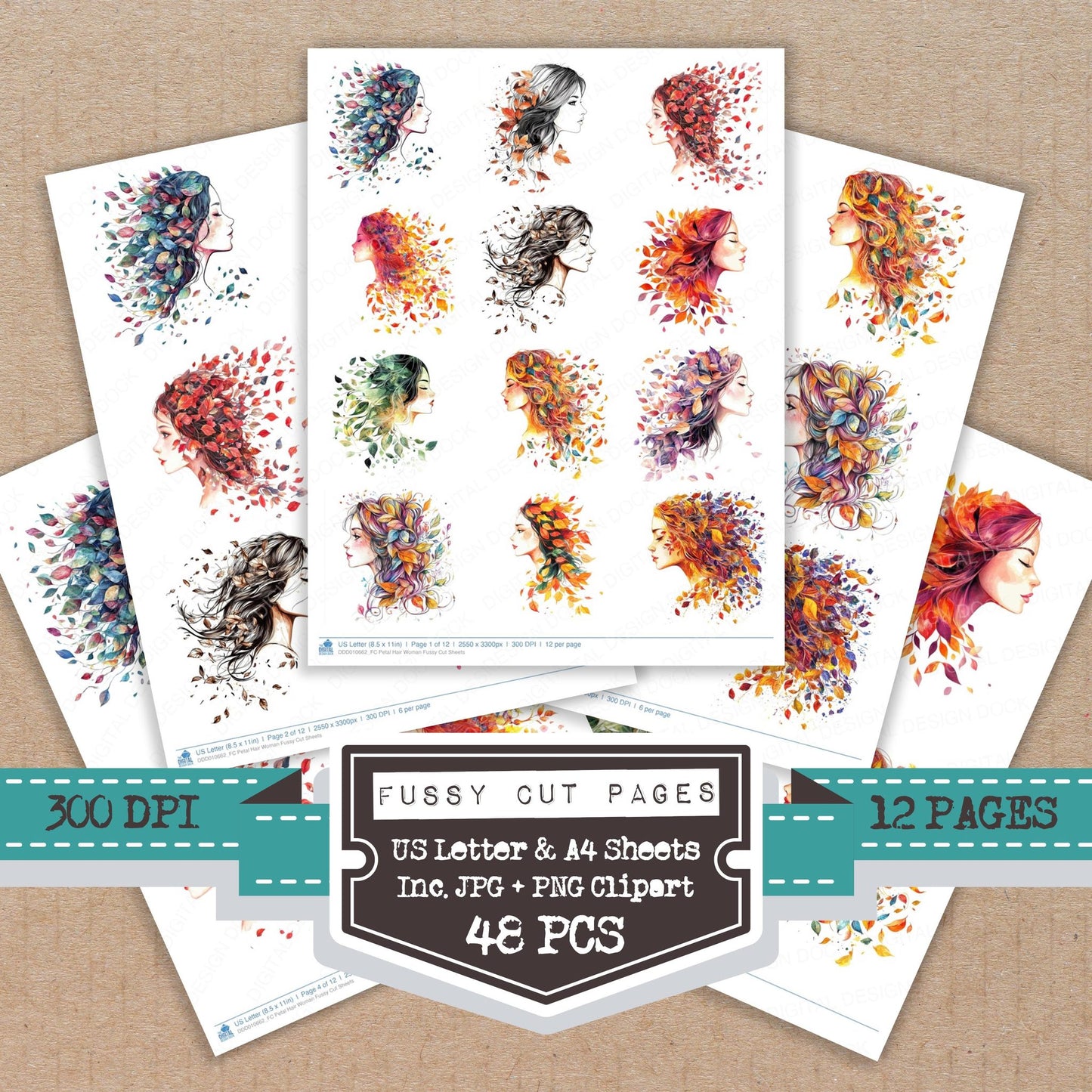 Petal Hair Woman fussy cut printable sheets for junk journaling, scrapbooking, and paper craft projects