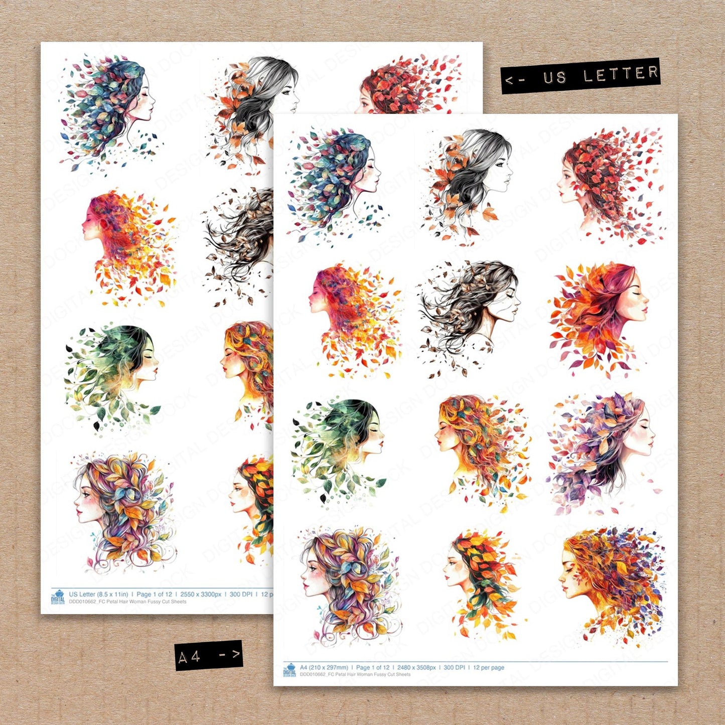 A4 and US Letter format comparison showing Petal Hair Woman fussy cut pages for print and cut crafting