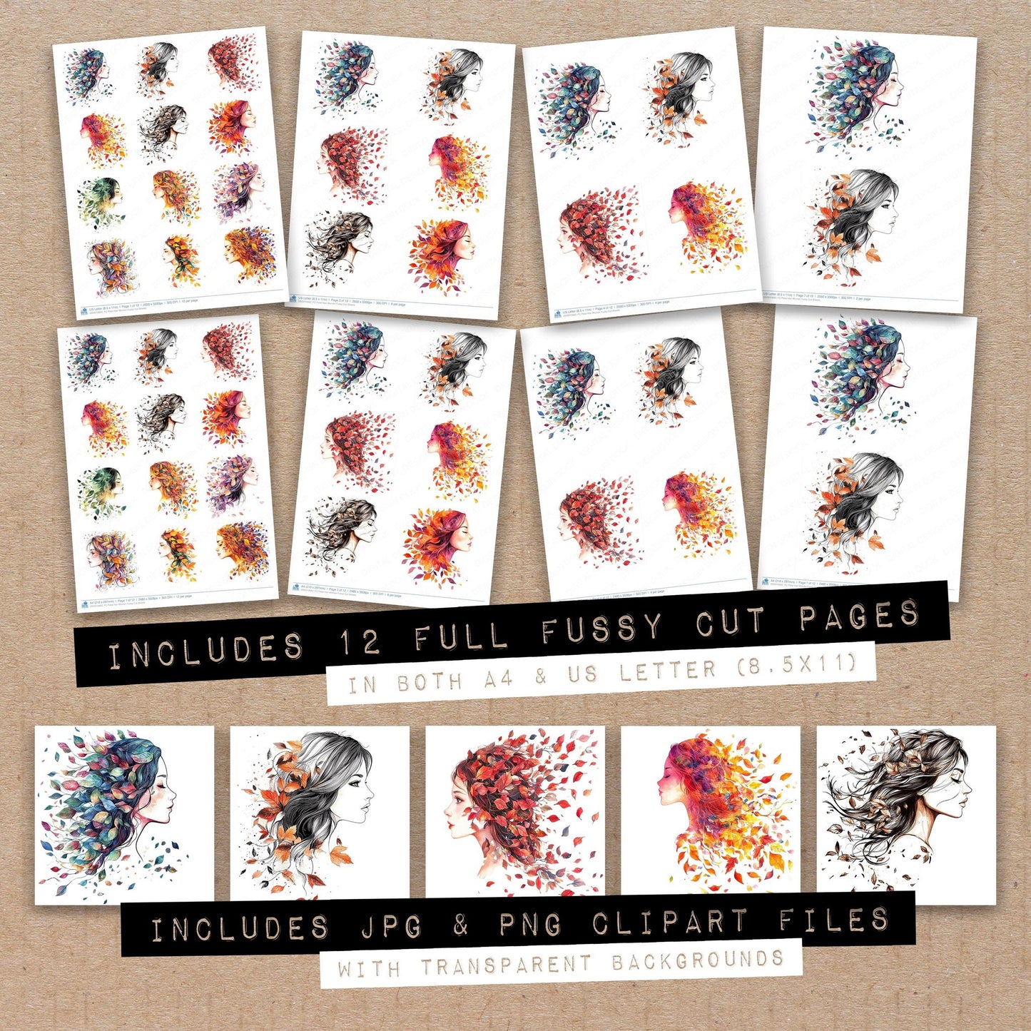 Full collection view of Petal Hair Woman fussy cut sheets with bonus clipart JPG and PNG files