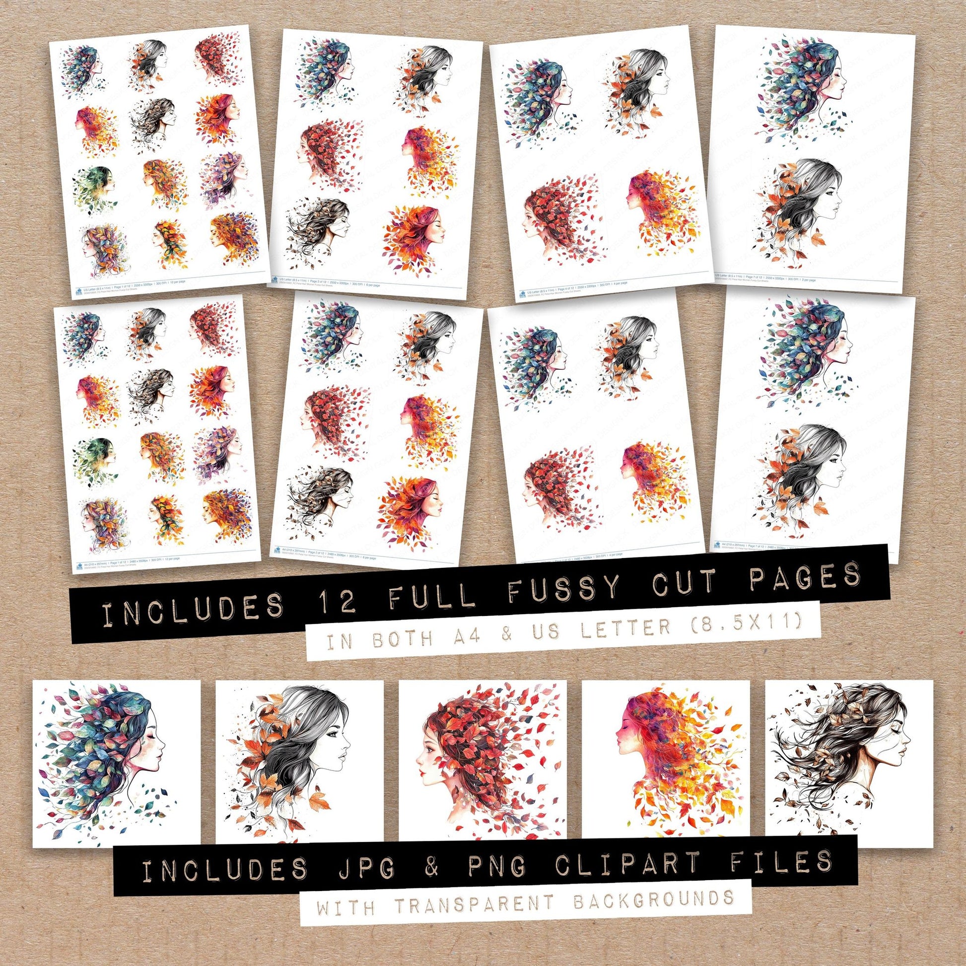 Full collection view of Petal Hair Woman fussy cut sheets with bonus clipart JPG and PNG files