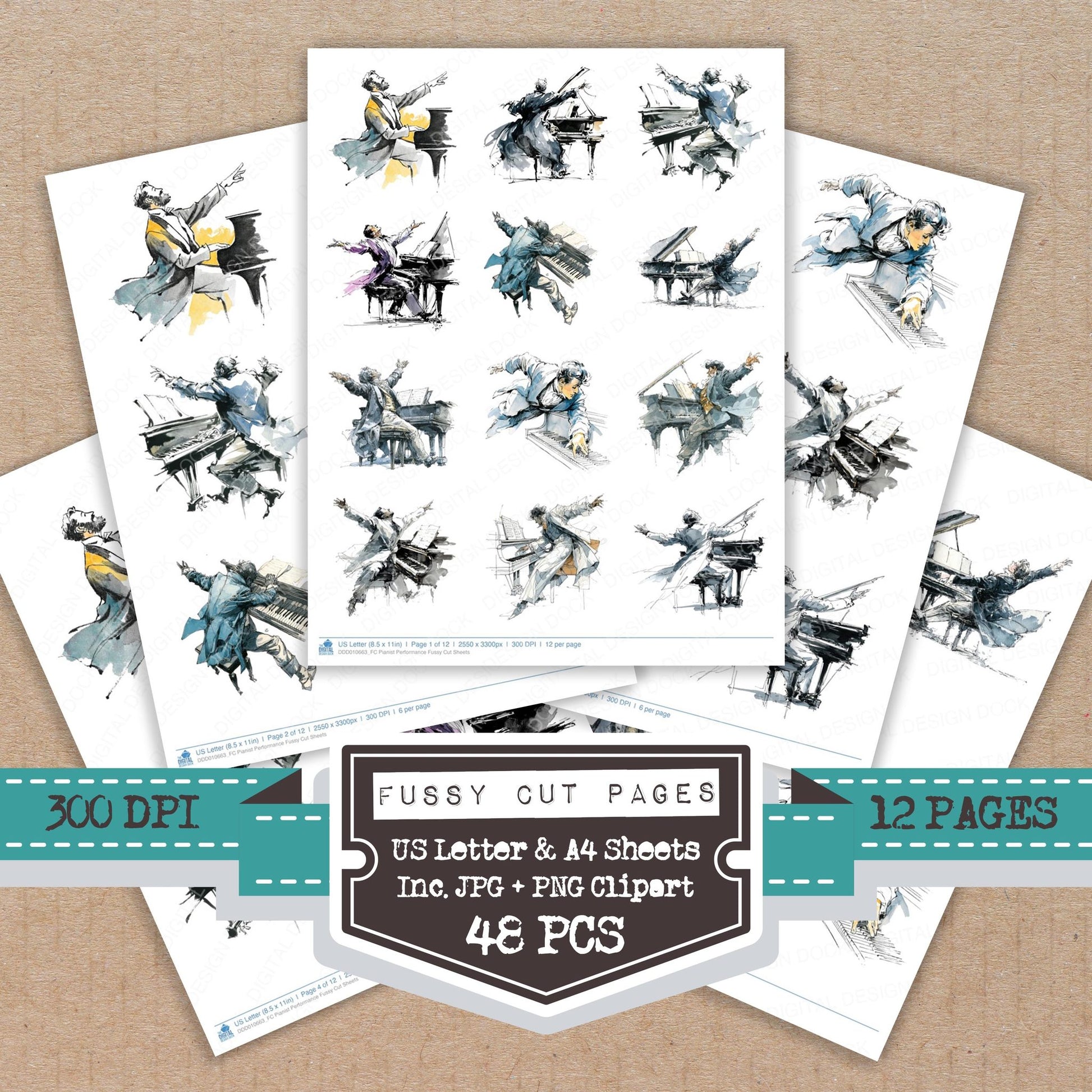 Pianist Performance fussy cut printable sheets for junk journaling, scrapbooking, and paper craft projects