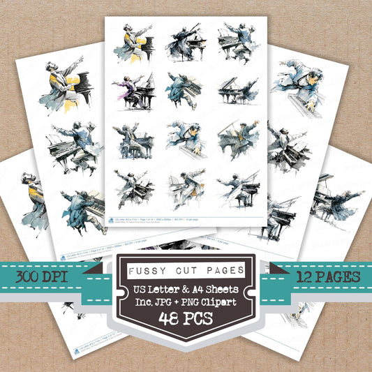 Pianist Performance fussy cut printable sheets for junk journaling, scrapbooking, and paper craft projects