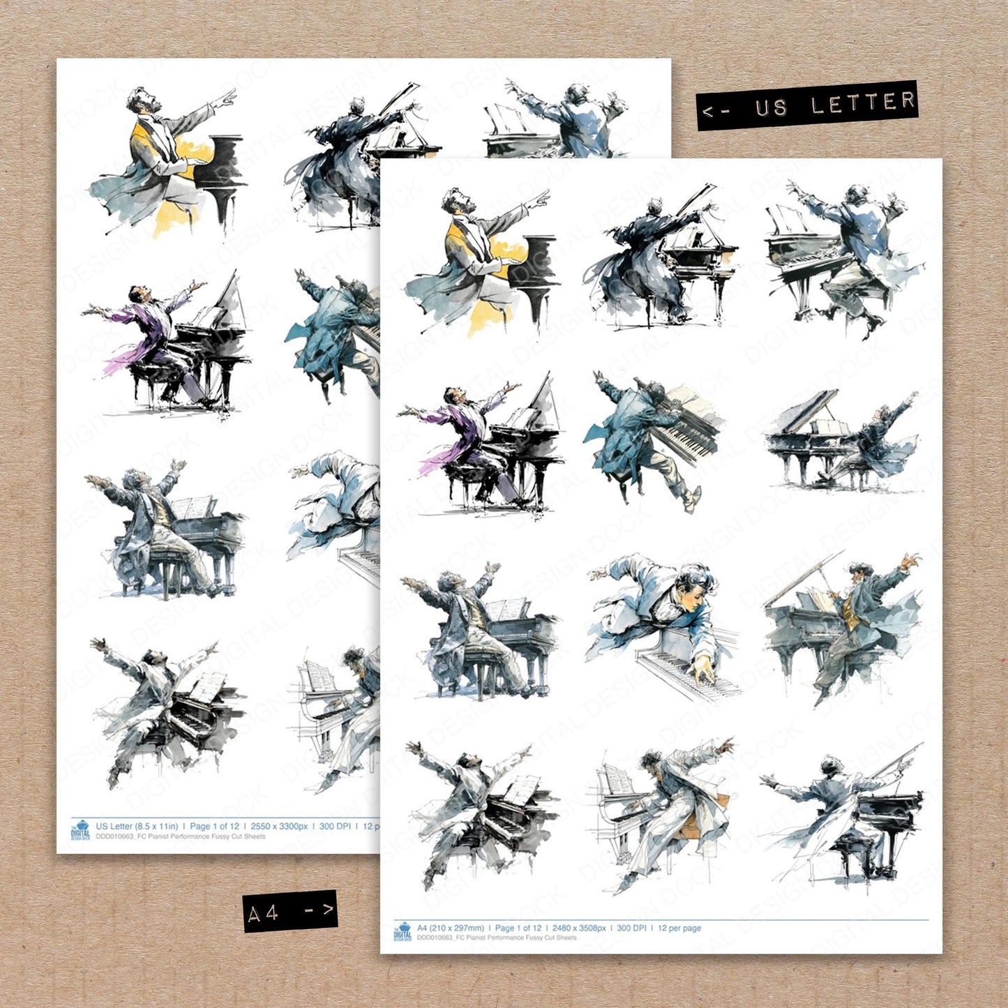 A4 and US Letter format comparison showing Pianist Performance fussy cut pages for print and cut crafting