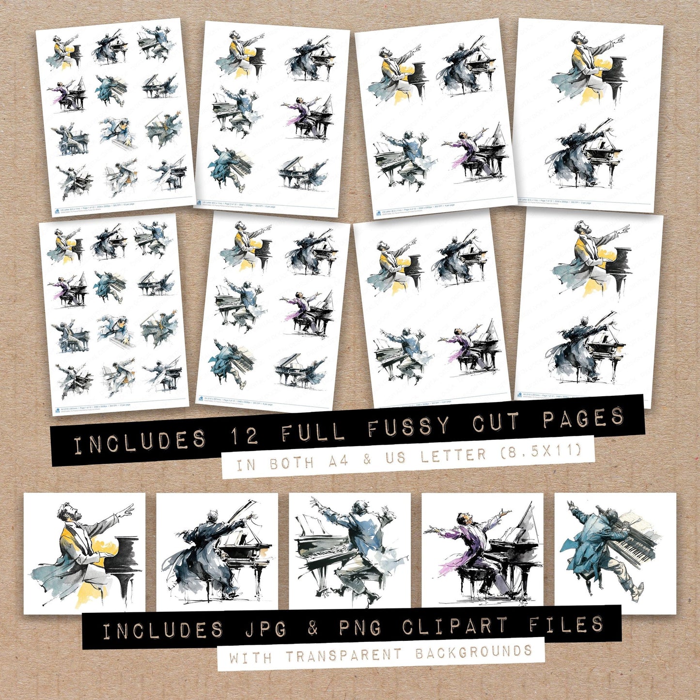Full collection view of Pianist Performance fussy cut sheets with bonus clipart JPG and PNG files