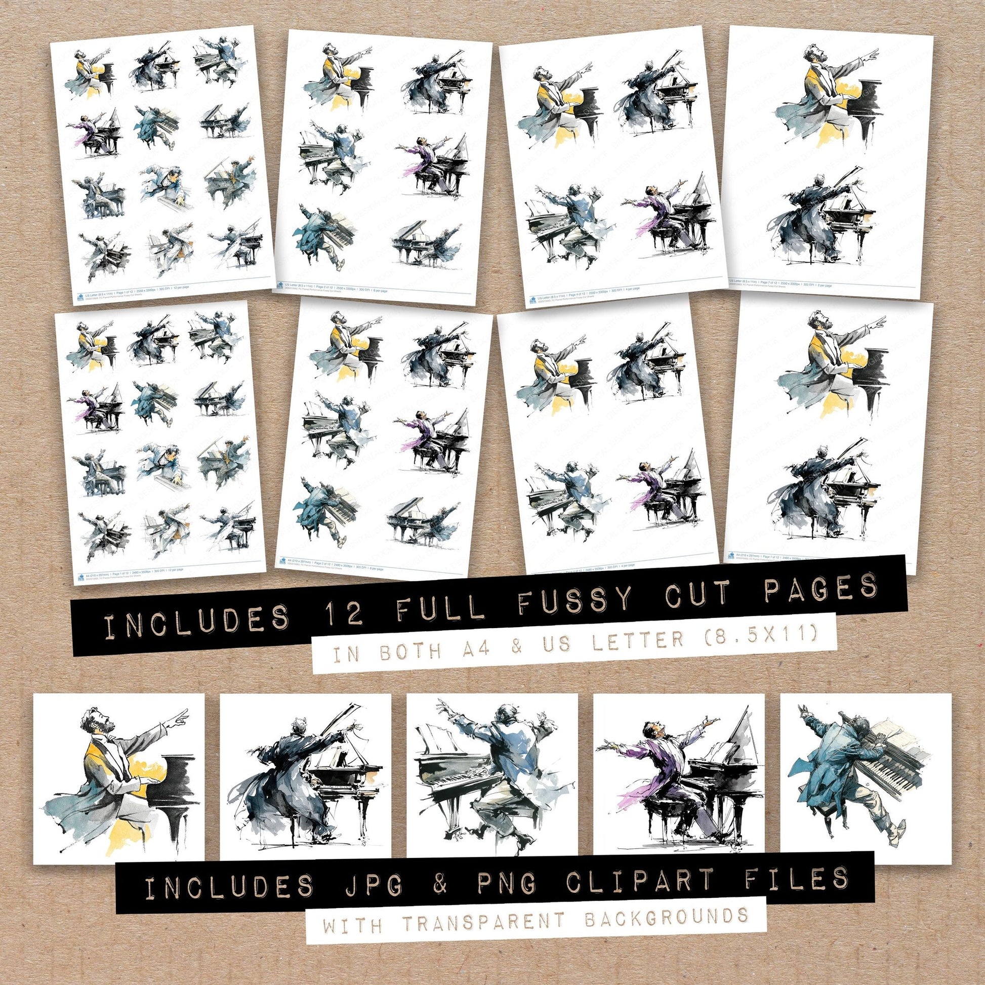 Full collection view of Pianist Performance fussy cut sheets with bonus clipart JPG and PNG files
