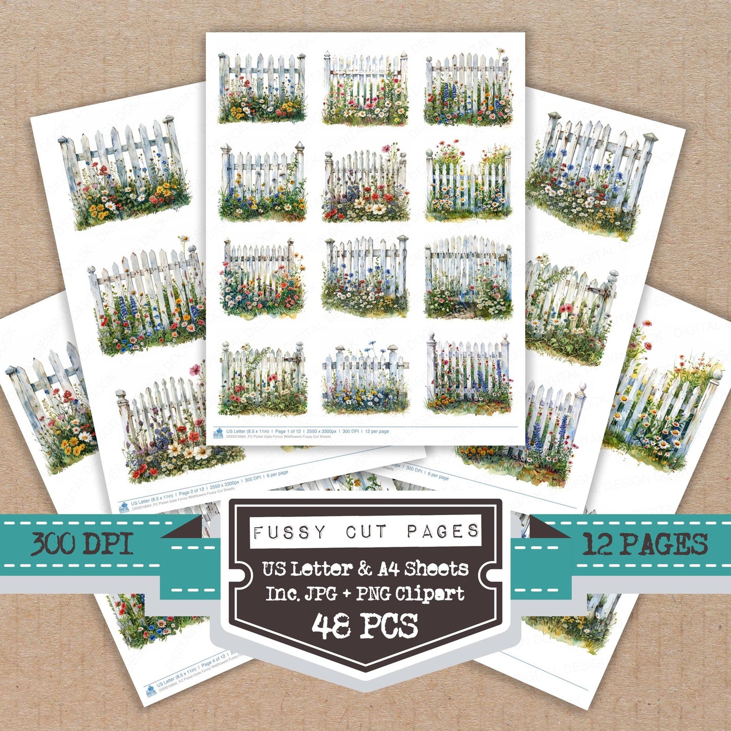 Picket Gate Fence Wildflowers fussy cut printable sheets for junk journaling, scrapbooking, and paper craft projects