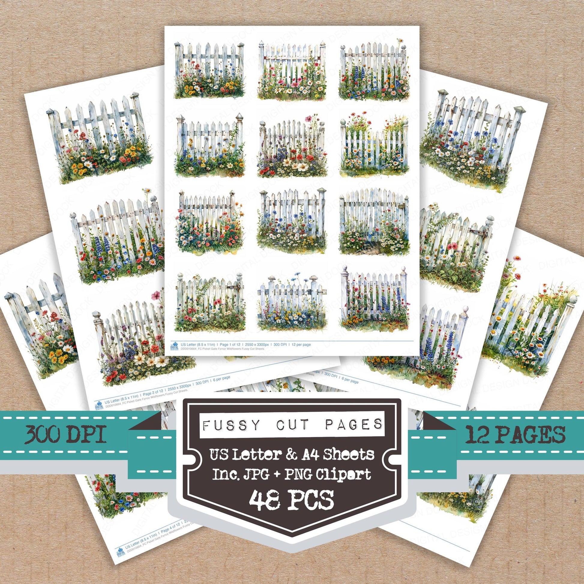 Picket Gate Fence Wildflowers fussy cut printable sheets for junk journaling, scrapbooking, and paper craft projects