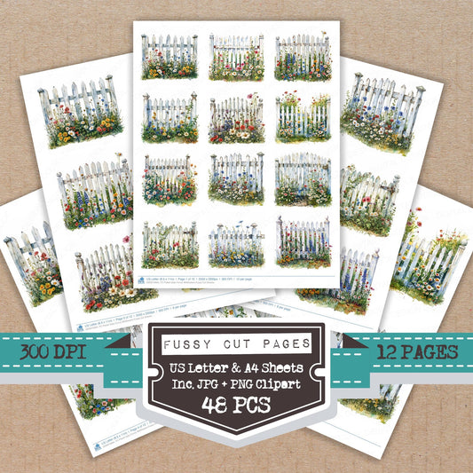 Picket Gate Fence Wildflowers fussy cut printable sheets for junk journaling, scrapbooking, and paper craft projects