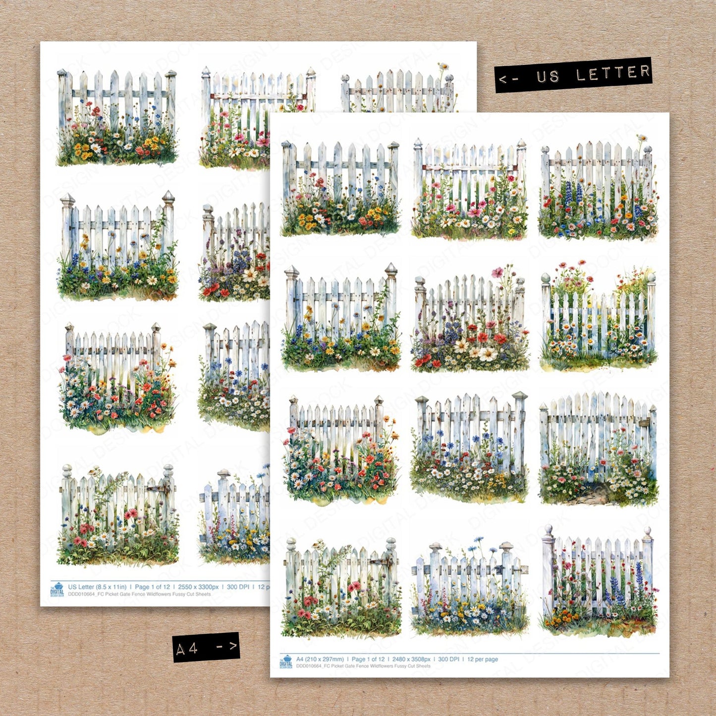 A4 and US Letter format comparison showing Picket Gate Fence Wildflowers fussy cut pages for print and cut crafting