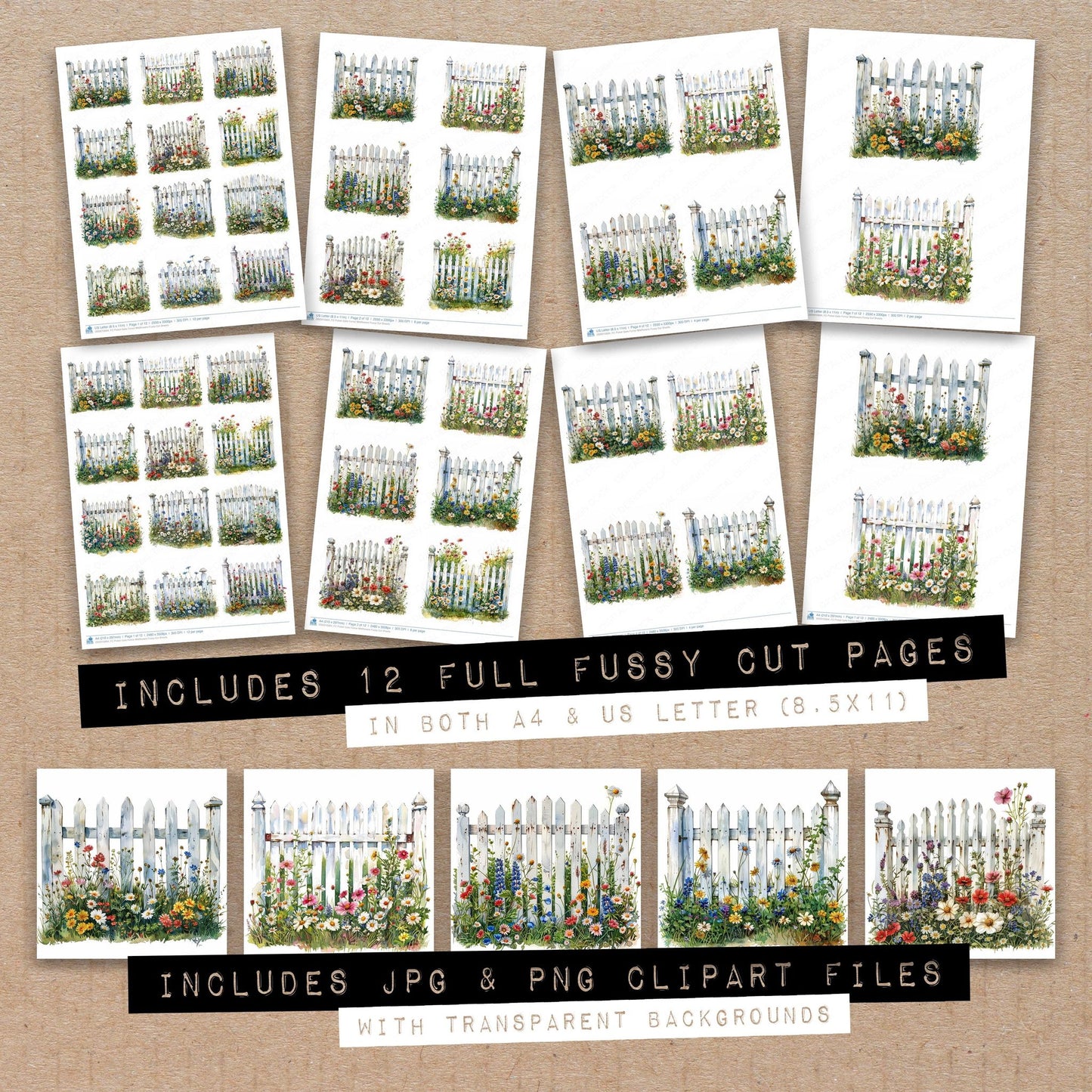 Full collection view of Picket Gate Fence Wildflowers fussy cut sheets with bonus clipart JPG and PNG files