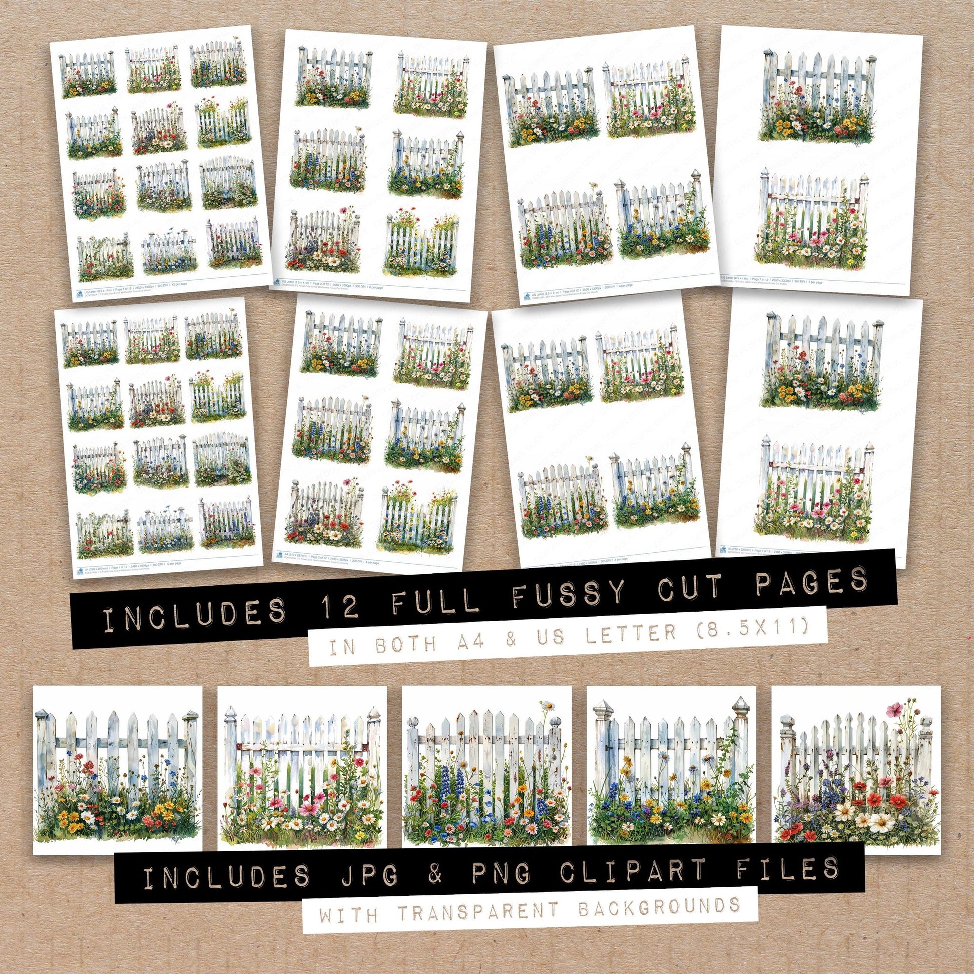 Full collection view of Picket Gate Fence Wildflowers fussy cut sheets with bonus clipart JPG and PNG files
