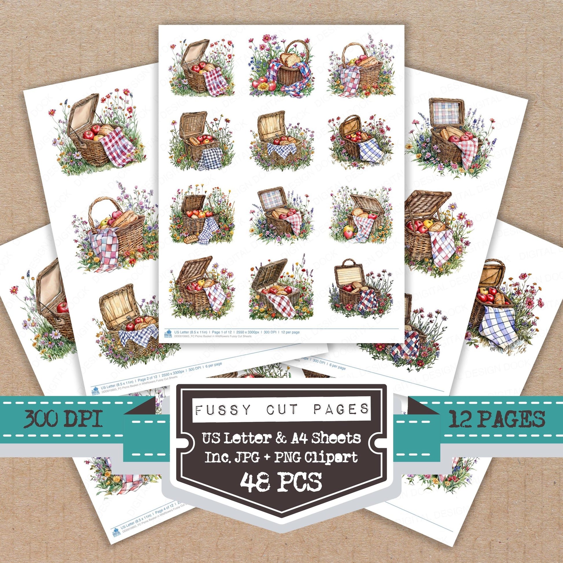 Picnic Basket in Wildflowers fussy cut printable sheets for junk journaling, scrapbooking, and paper craft projects