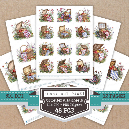 Picnic Basket in Wildflowers fussy cut printable sheets for junk journaling, scrapbooking, and paper craft projects