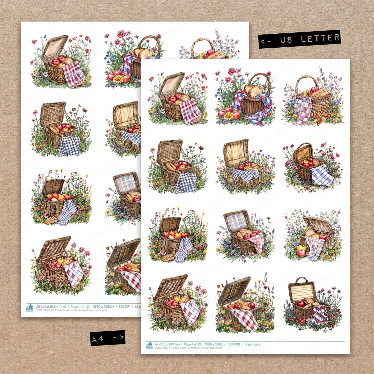 A4 and US Letter format comparison showing Picnic Basket in Wildflowers fussy cut pages for print and cut crafting
