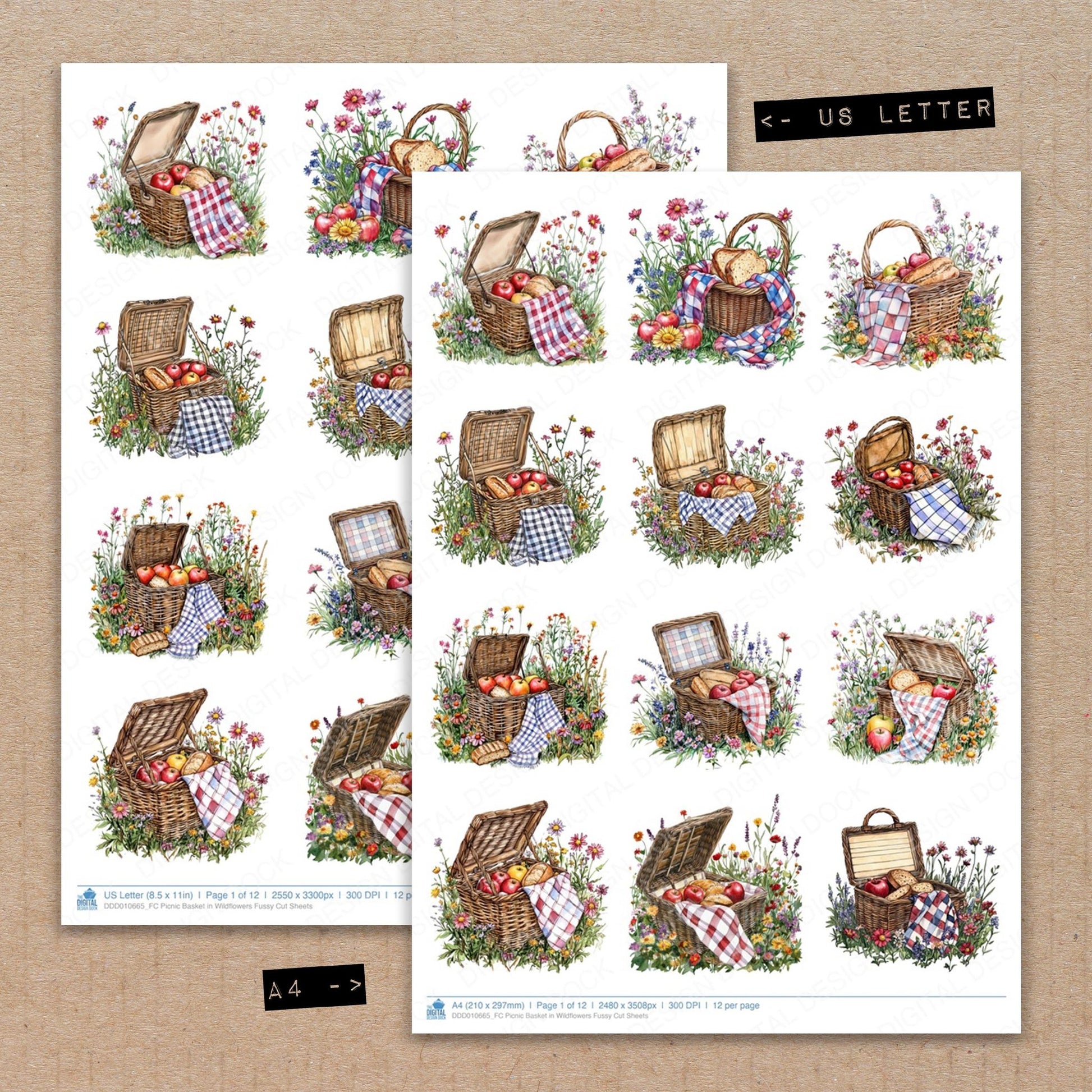 A4 and US Letter format comparison showing Picnic Basket in Wildflowers fussy cut pages for print and cut crafting