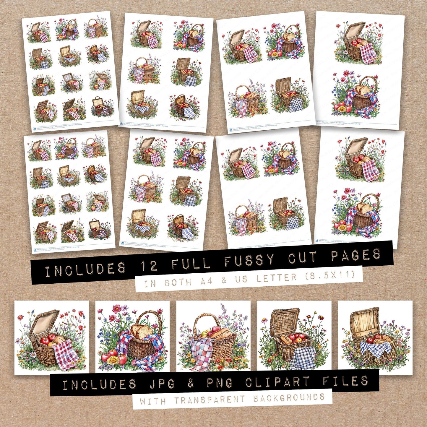 Full collection view of Picnic Basket in Wildflowers fussy cut sheets with bonus clipart JPG and PNG files