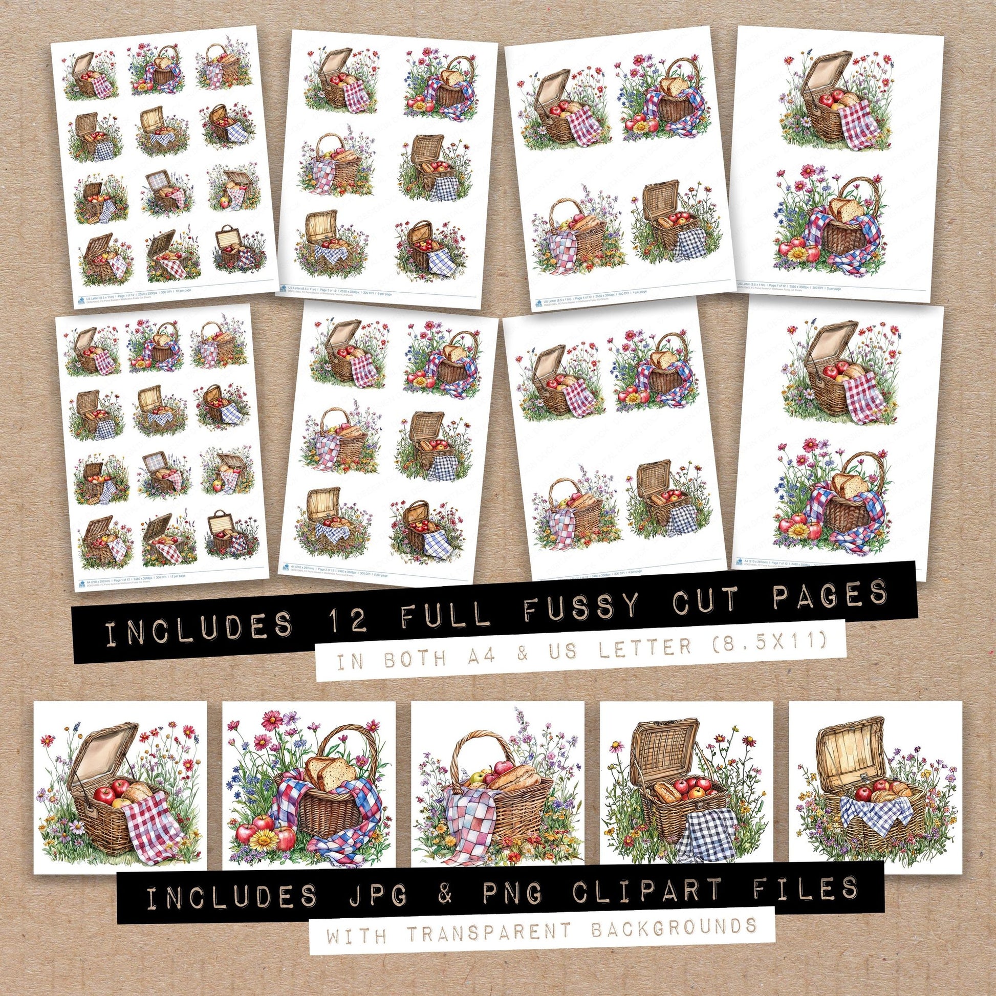 Full collection view of Picnic Basket in Wildflowers fussy cut sheets with bonus clipart JPG and PNG files