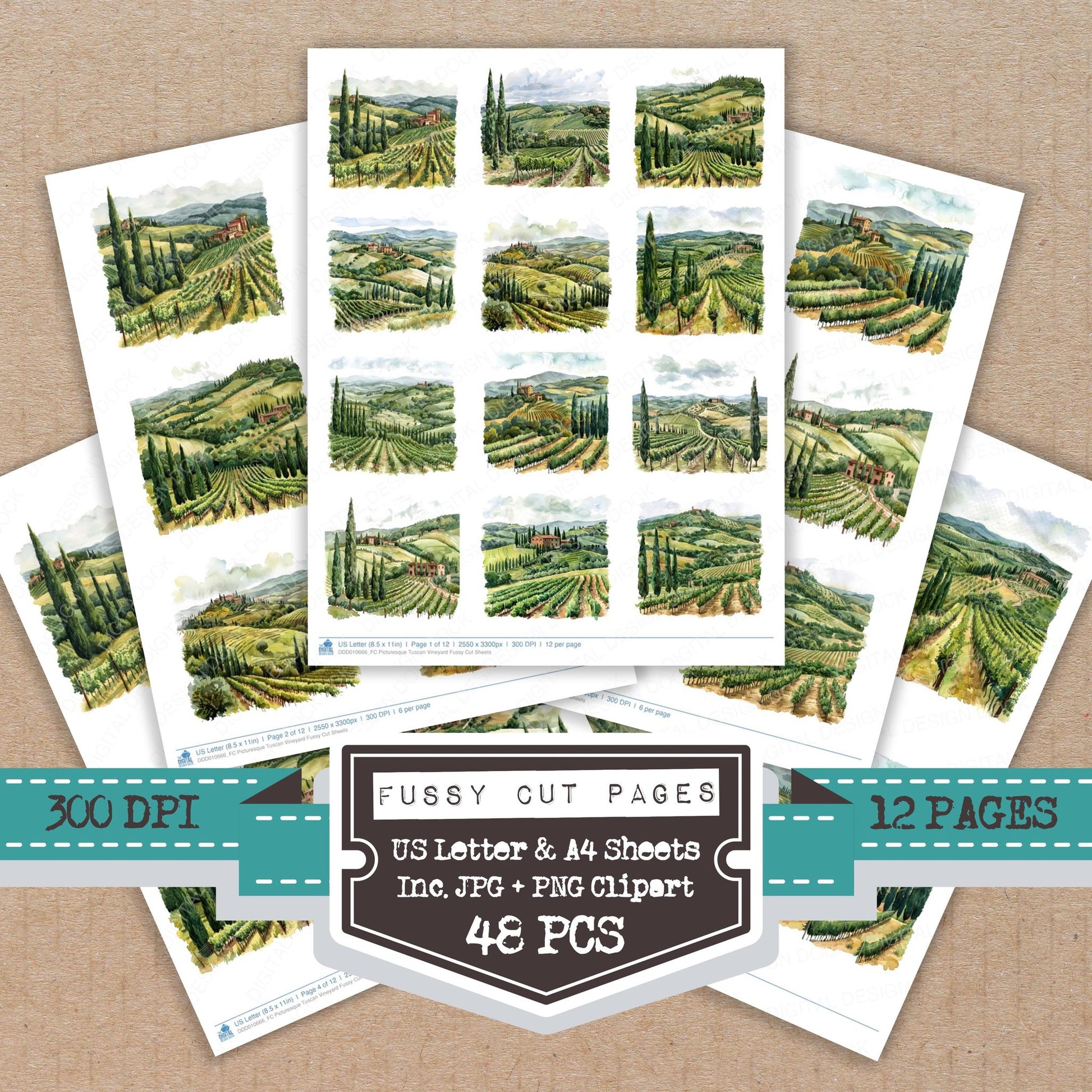 Picturesque Tuscan Vineyard fussy cut printable sheets for junk journaling, scrapbooking, and paper craft projects