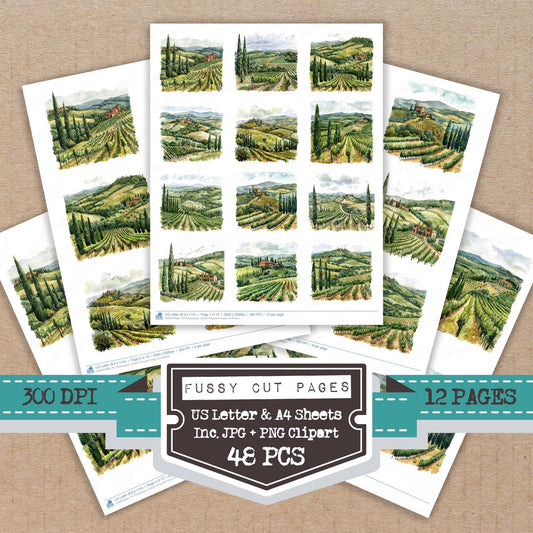 Picturesque Tuscan Vineyard fussy cut printable sheets for junk journaling, scrapbooking, and paper craft projects