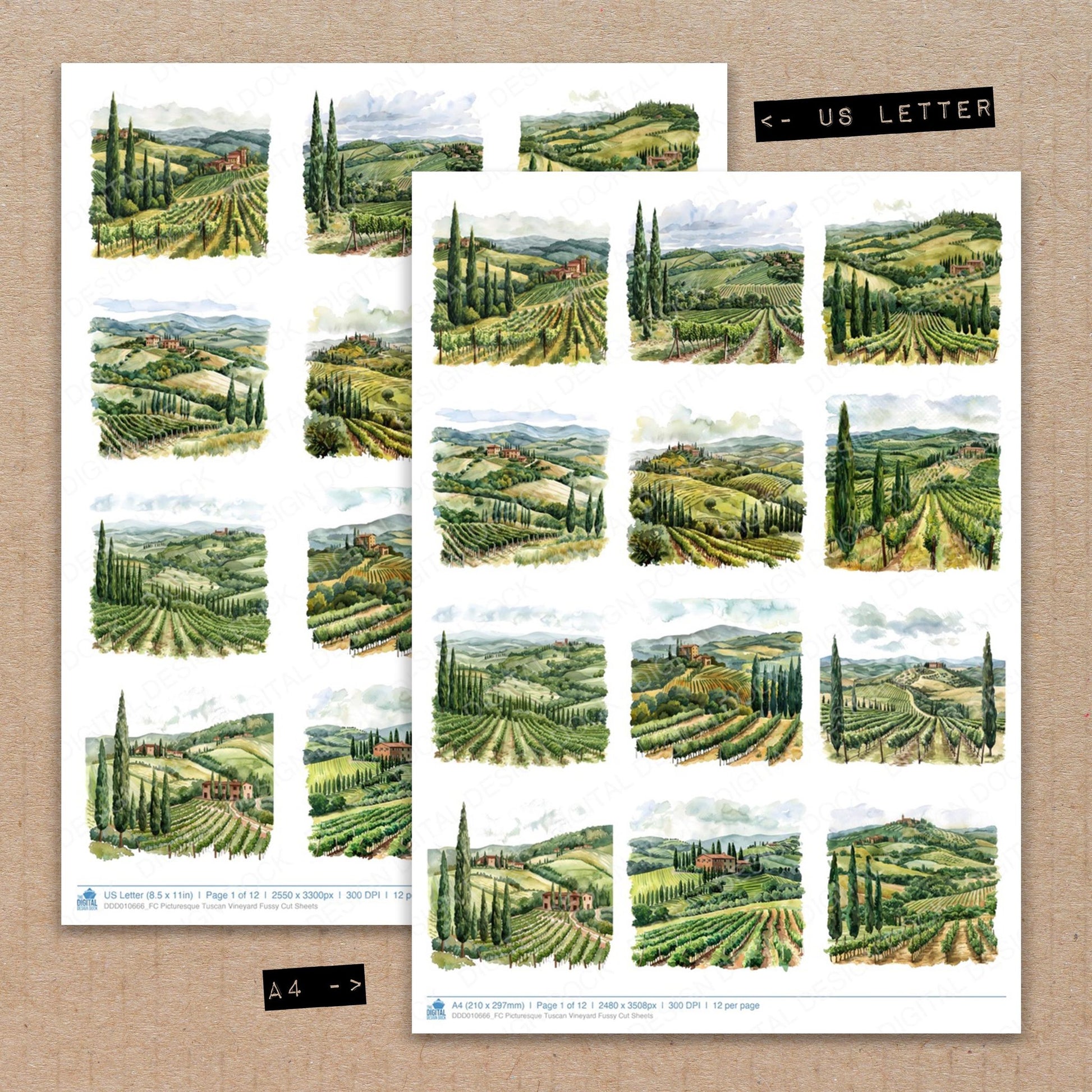 A4 and US Letter format comparison showing Picturesque Tuscan Vineyard fussy cut pages for print and cut crafting
